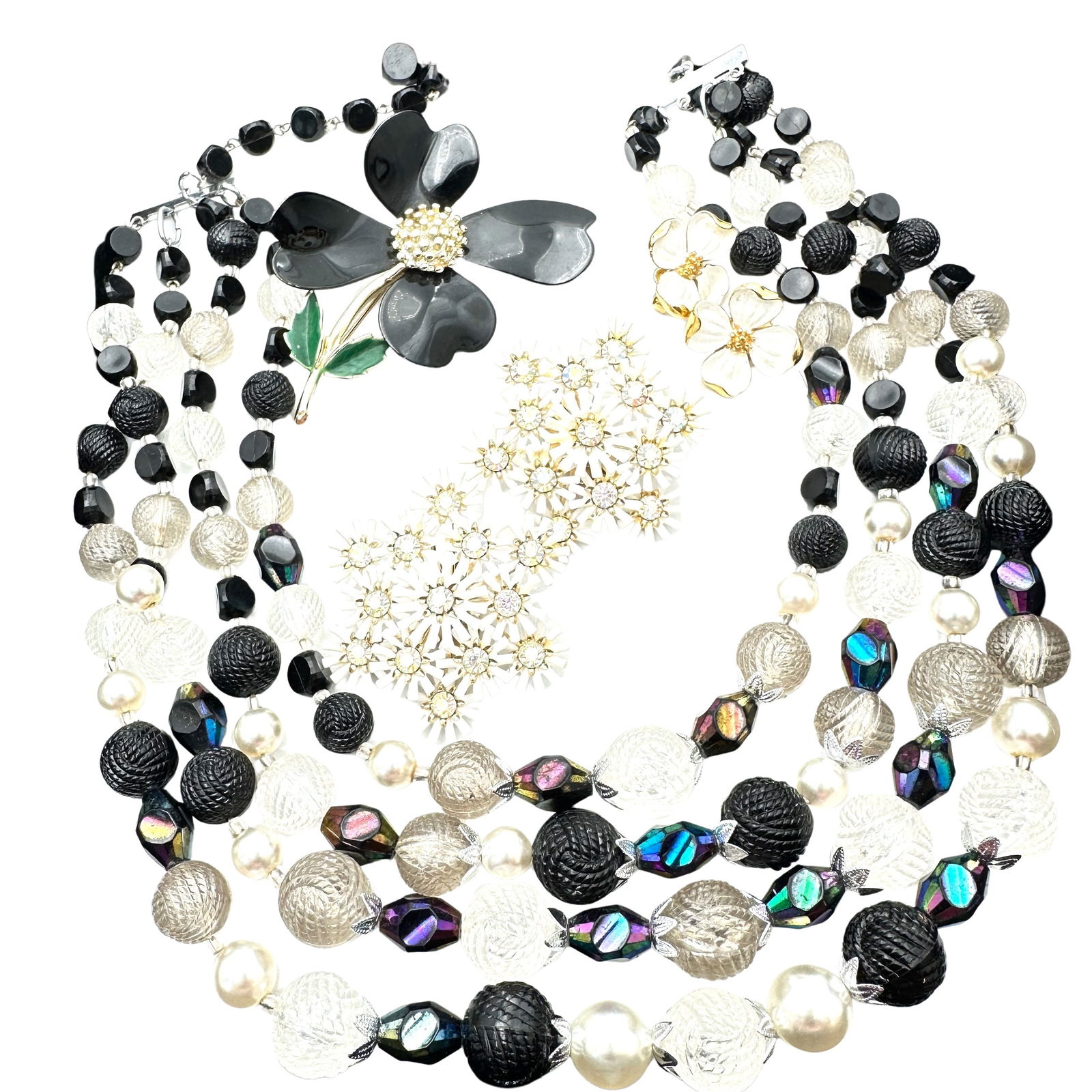 Vintage Jewelry Group Coro Earrings Black White Metal Flower Brooch Multi Strand Necklace (1 of 2)