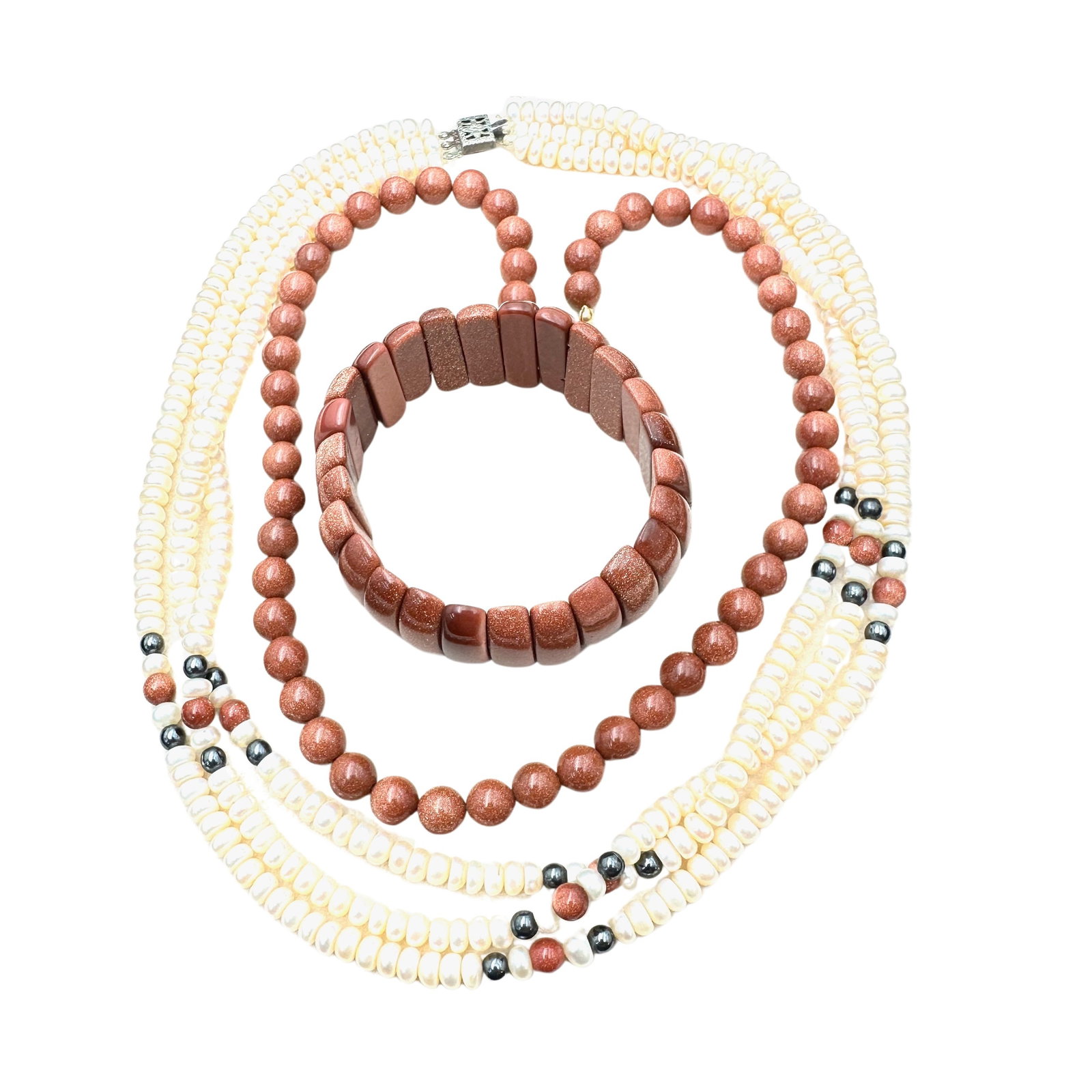 Vintage Jewelry Group Sunstone Bracelet Necklace Multi Strand Necklace Sterling Clasp: Vintage Jewelry Group Sunstone Bracelet Necklace Multi Strand Necklace Sterling Clasp