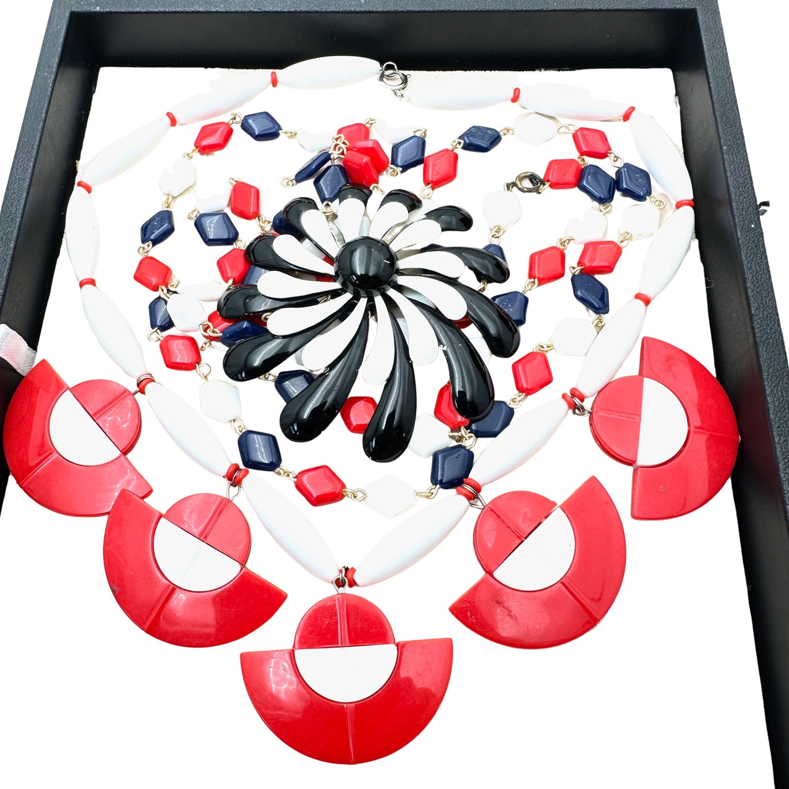 Vintage Jewelry Group Red White Blue Metal Flower Pin Unique Lucite Necklace (1 of 2)