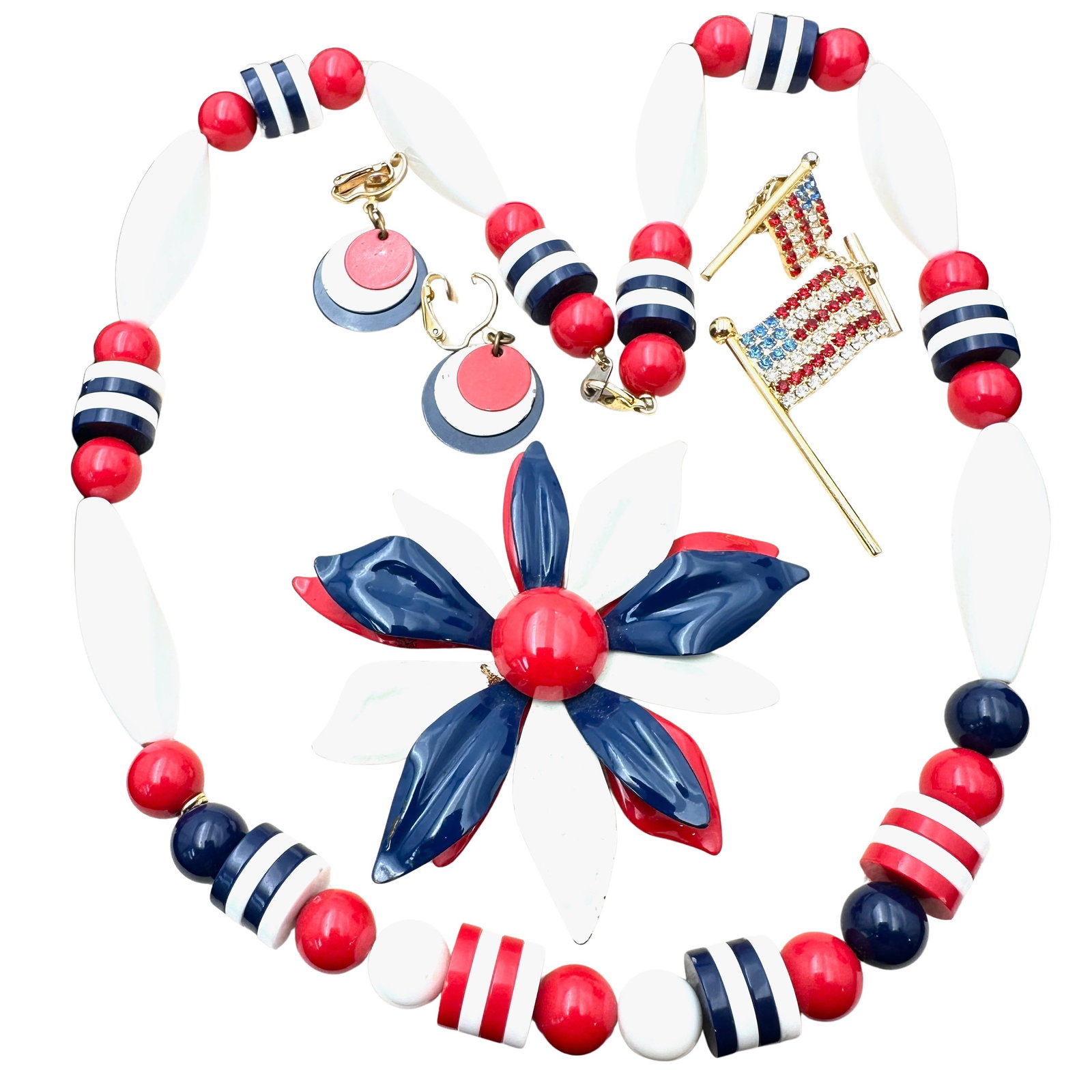 Vintage Jewelry Group Red White Blue Metal Flower Pin Rhinestone Flag Necklace: Vintage Jewelry Group Red White Blue Metal Flower Pin Rhinestone Flag Necklace