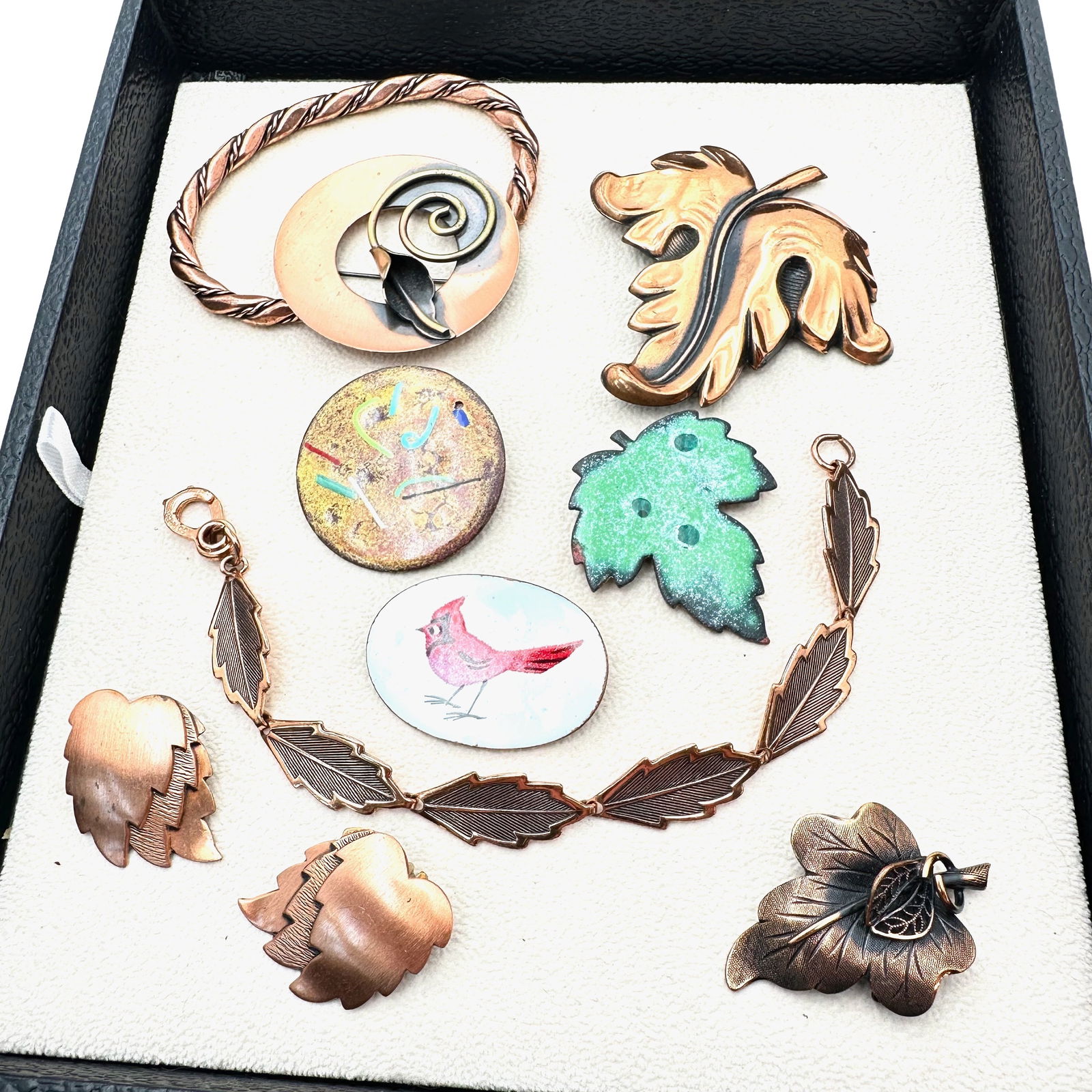Vintage Jewelry Group Copper Cardinal Leaf Brooch Earrings Bracelet Enamel Work (1 of 2)