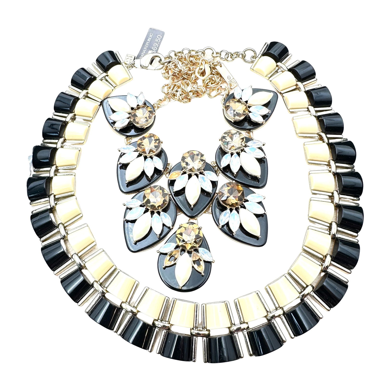 Vintage Jewelry Group Banana Republic Black White Lucite Gold Necklace Rhinestones: Vintage Jewelry Group Banana Republic Black White Lucite Gold Necklace Rhinestones