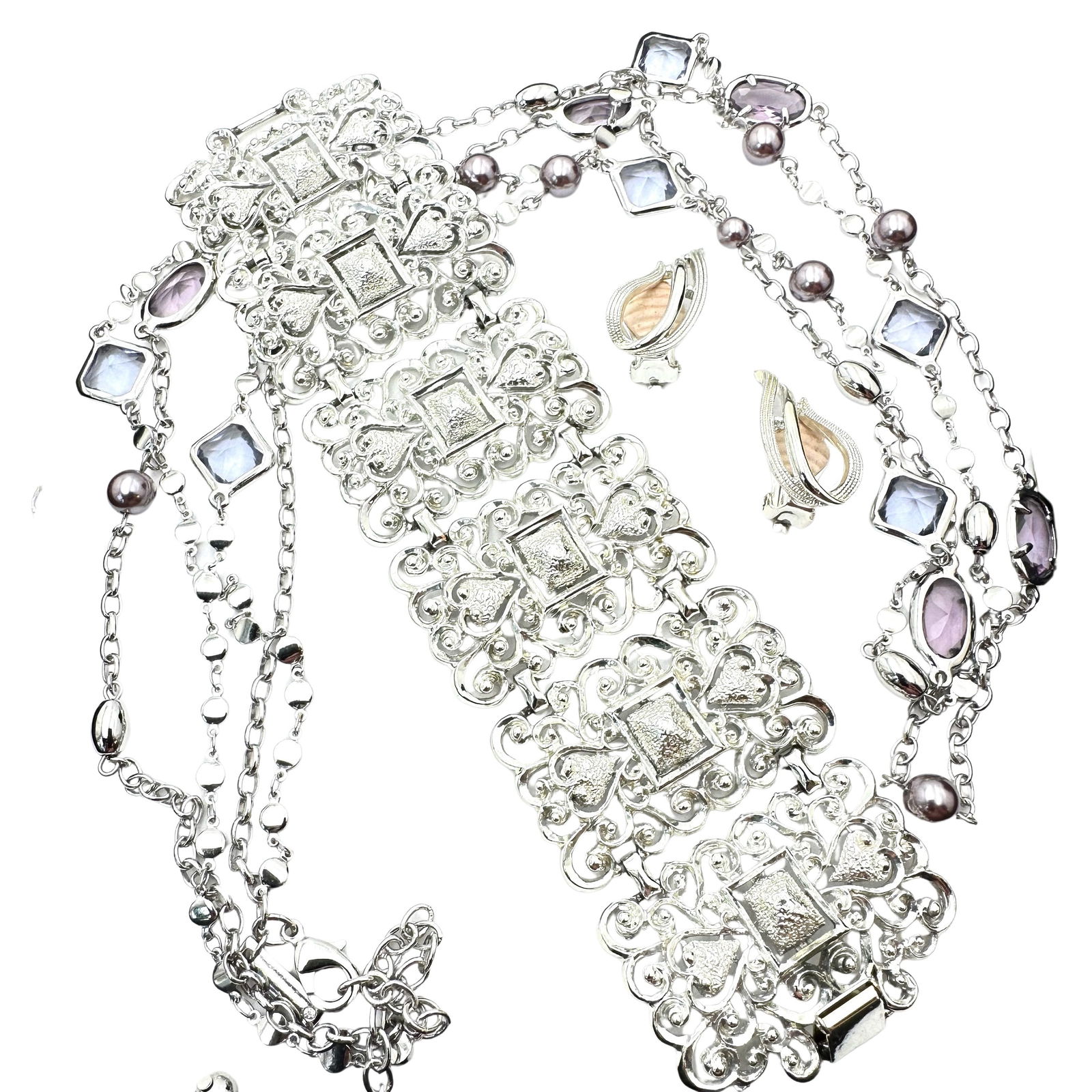 Vintage Jewelry Group Wide Silver Tone Bracelet Sarah Coventry Earrings Necklace (1 of 2)