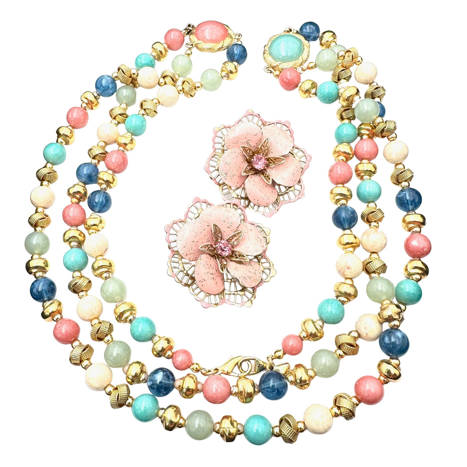 Vintage Jewelry Group Liz Claiborne Pastel Pink Necklace 1960s Clip Earrings (1 of 2)