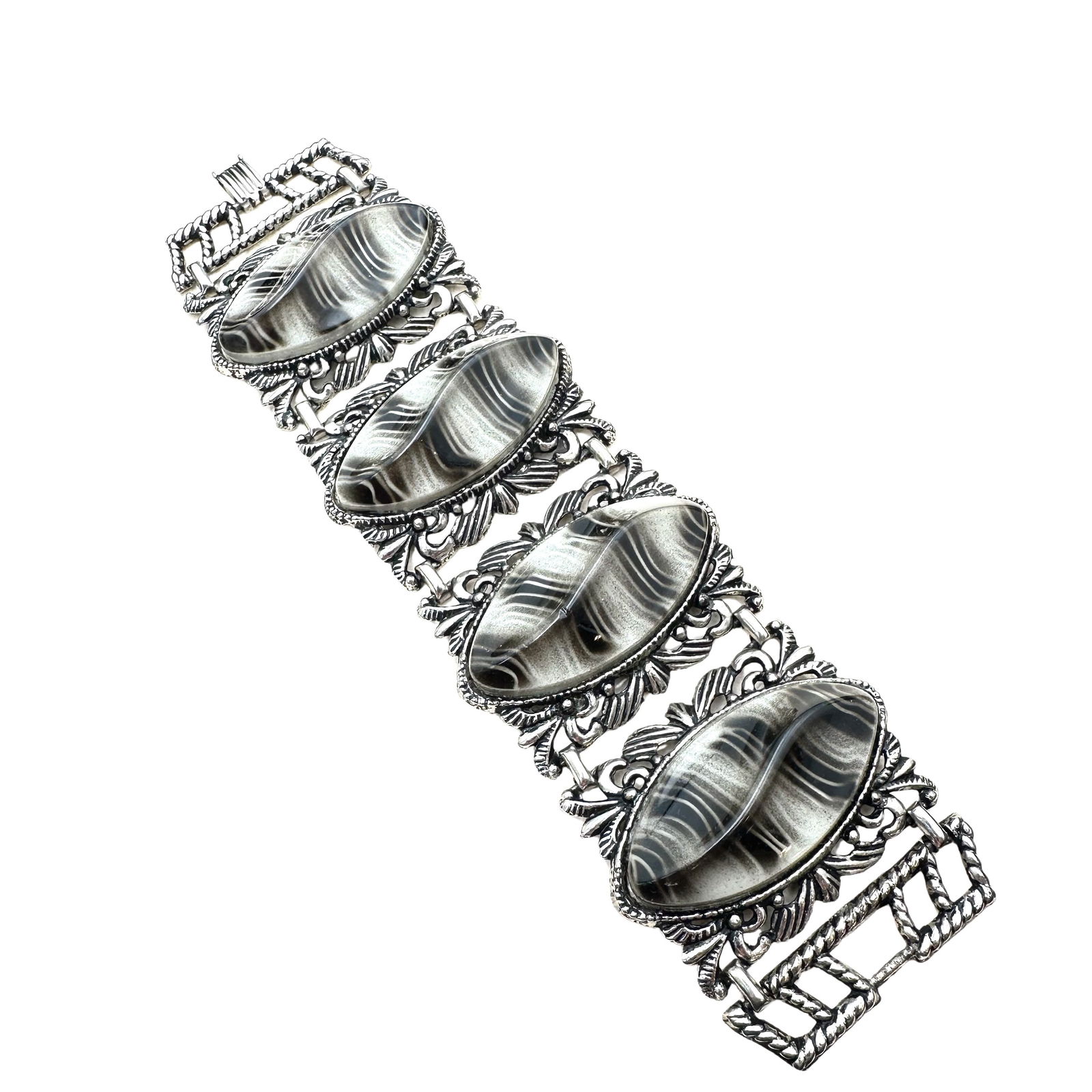 Vintage Wide Lucite Silver Tone Bracelet Black Grey 7 Inch Length: Vintage Wide Lucite Silver Tone Bracelet Black Grey 7 Inch Length