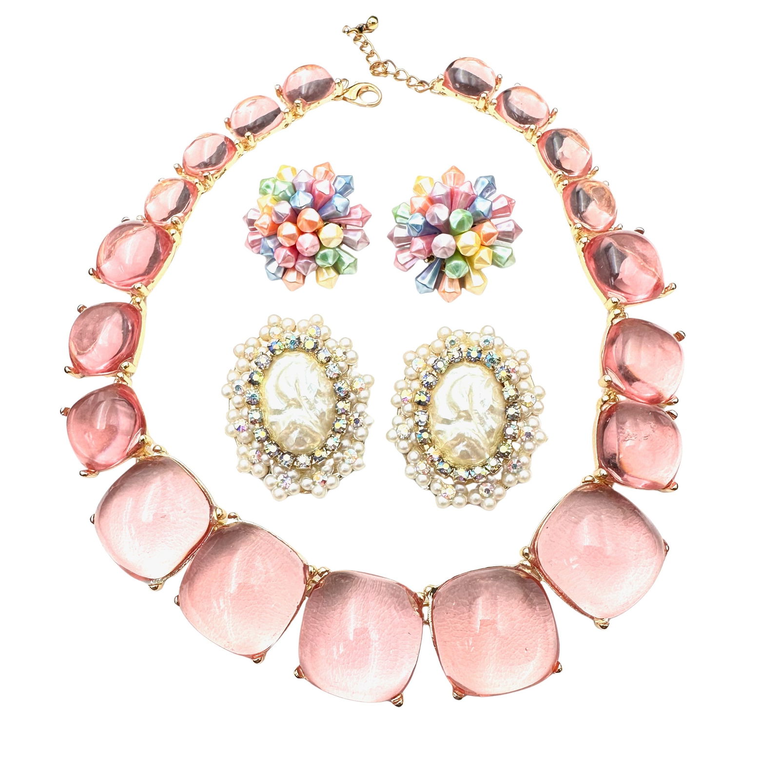 Vintage Jewelry Group Pink Lucite Jelly Belly Necklace Pastel Luctie Rhinestone Clip Earrings: Vintage Jewelry Group Pink Lucite Jelly Belly Necklace Pastel Luctie Rhinestone Clip Earrings