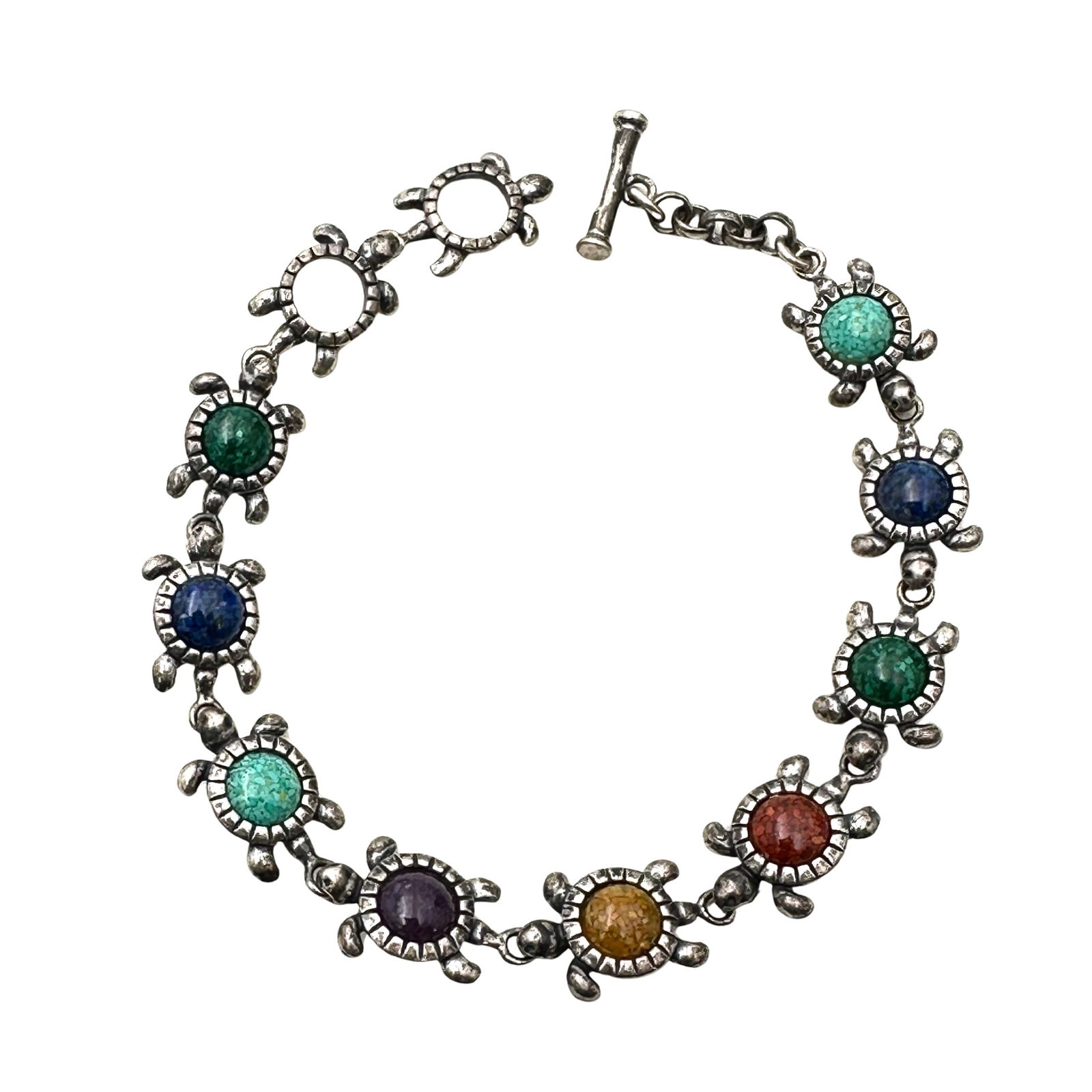 Sterling Silver Multi Gemstone Turtle Bracelet Fits up to 7.5 Inch (1 of 2)
