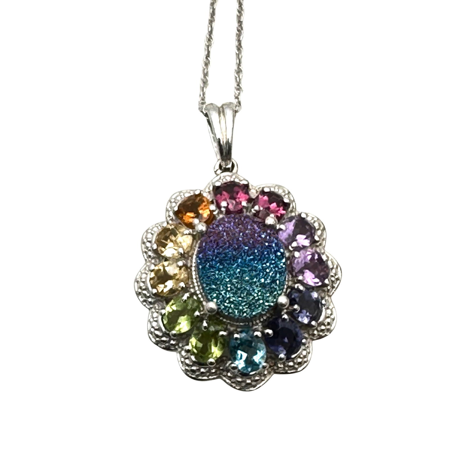 Multi Gemstone & Druzy Quartz Sterling Silver Pendant Necklace 20 Inch Chain (1 of 2)