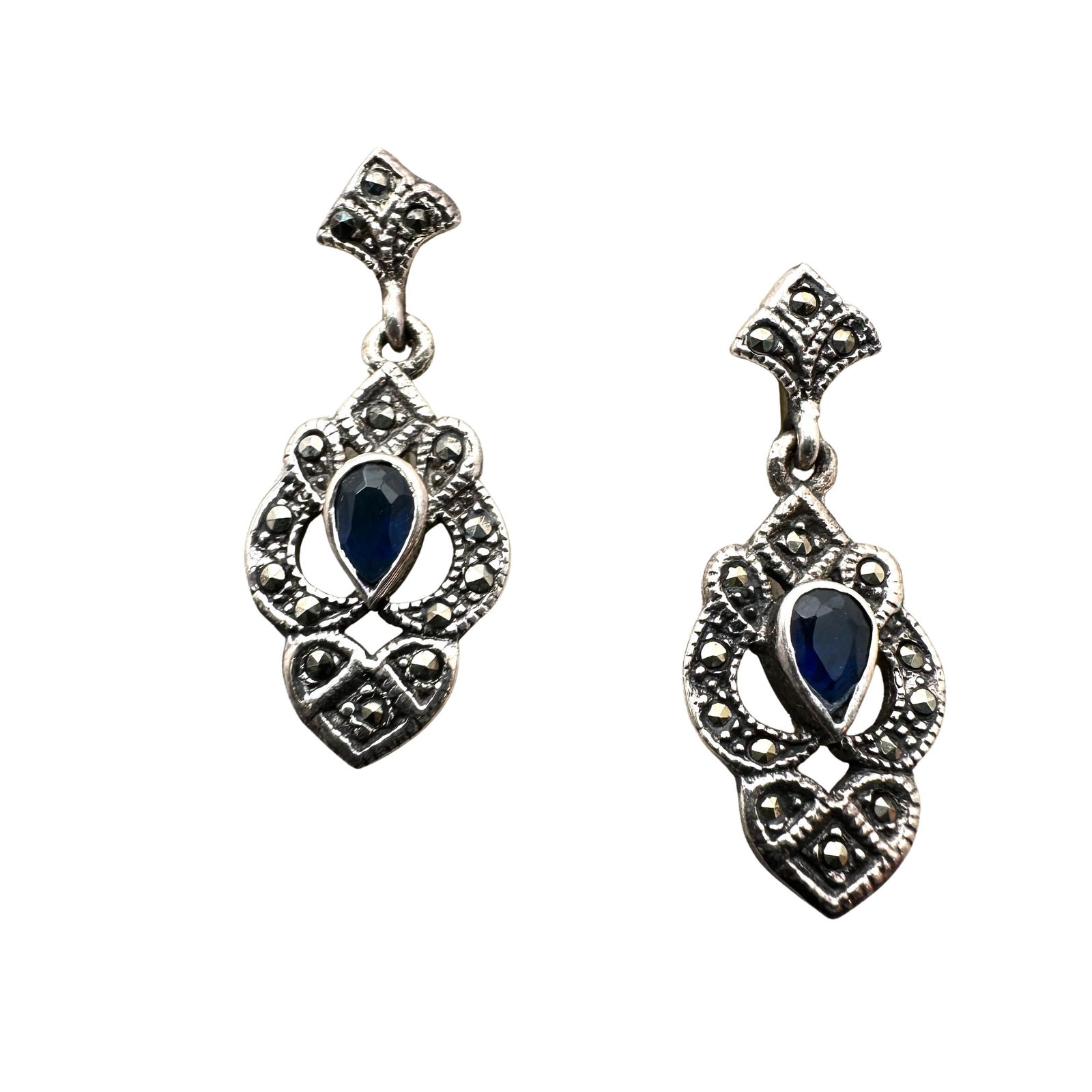 Vintage Marcasite Black Onyx Sterling Silver Pierced Earrings: Vintage Marcasite Black Onyx Sterling Silver Pierced Earrings