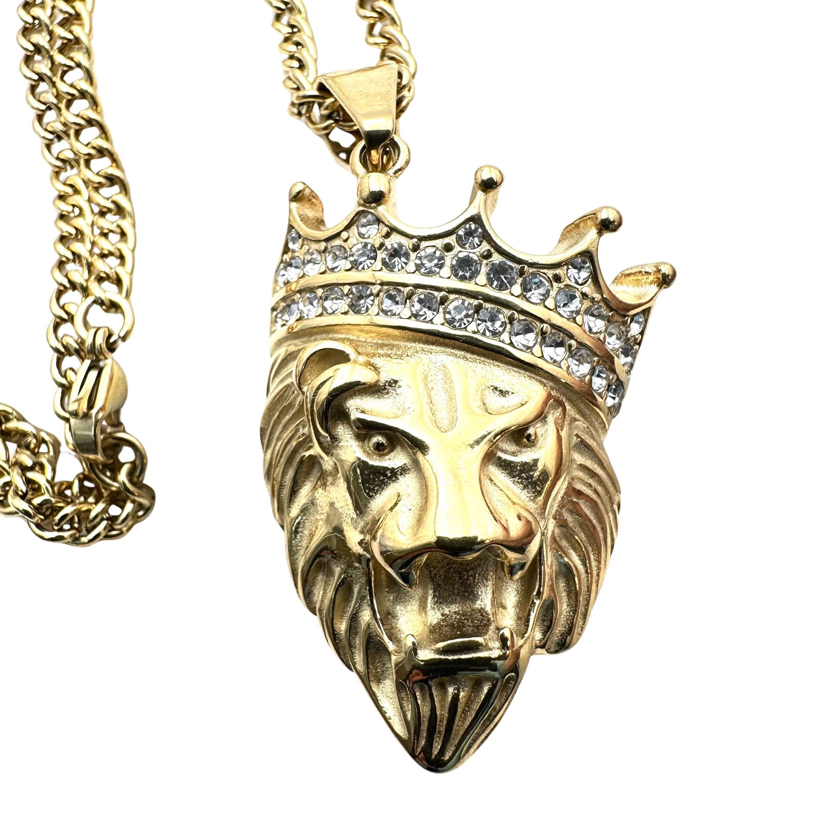 Gold Over Stainless Steel Lion King Crown Crystal Pendant 24 Inch Chain (1 of 2)