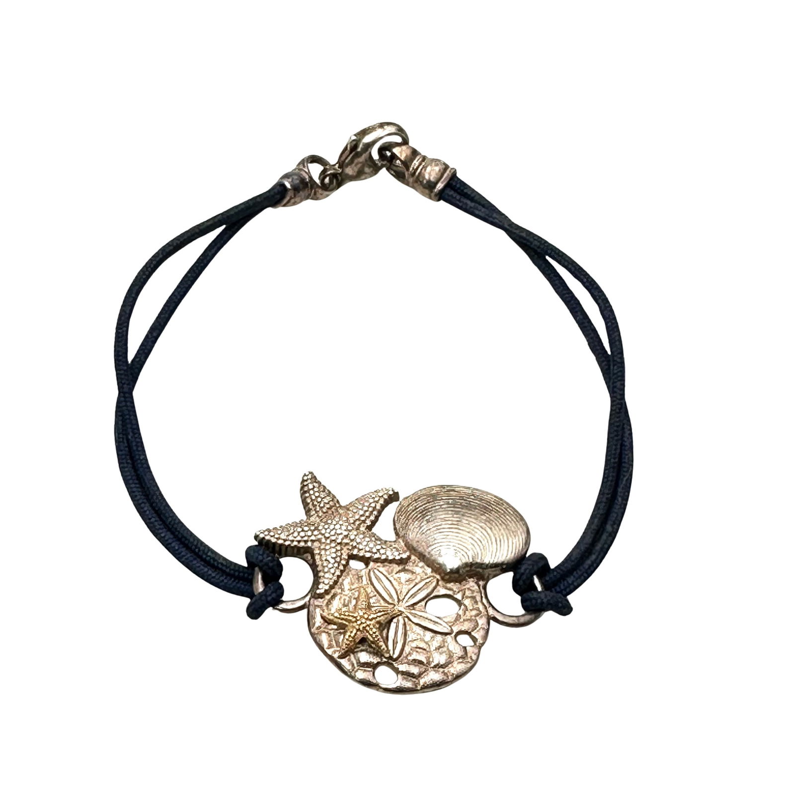 Sterling Silver Blue Leather Bracelet 6.5 Inch Sea Shell Star Fish Sand Dollar (1 of 2)