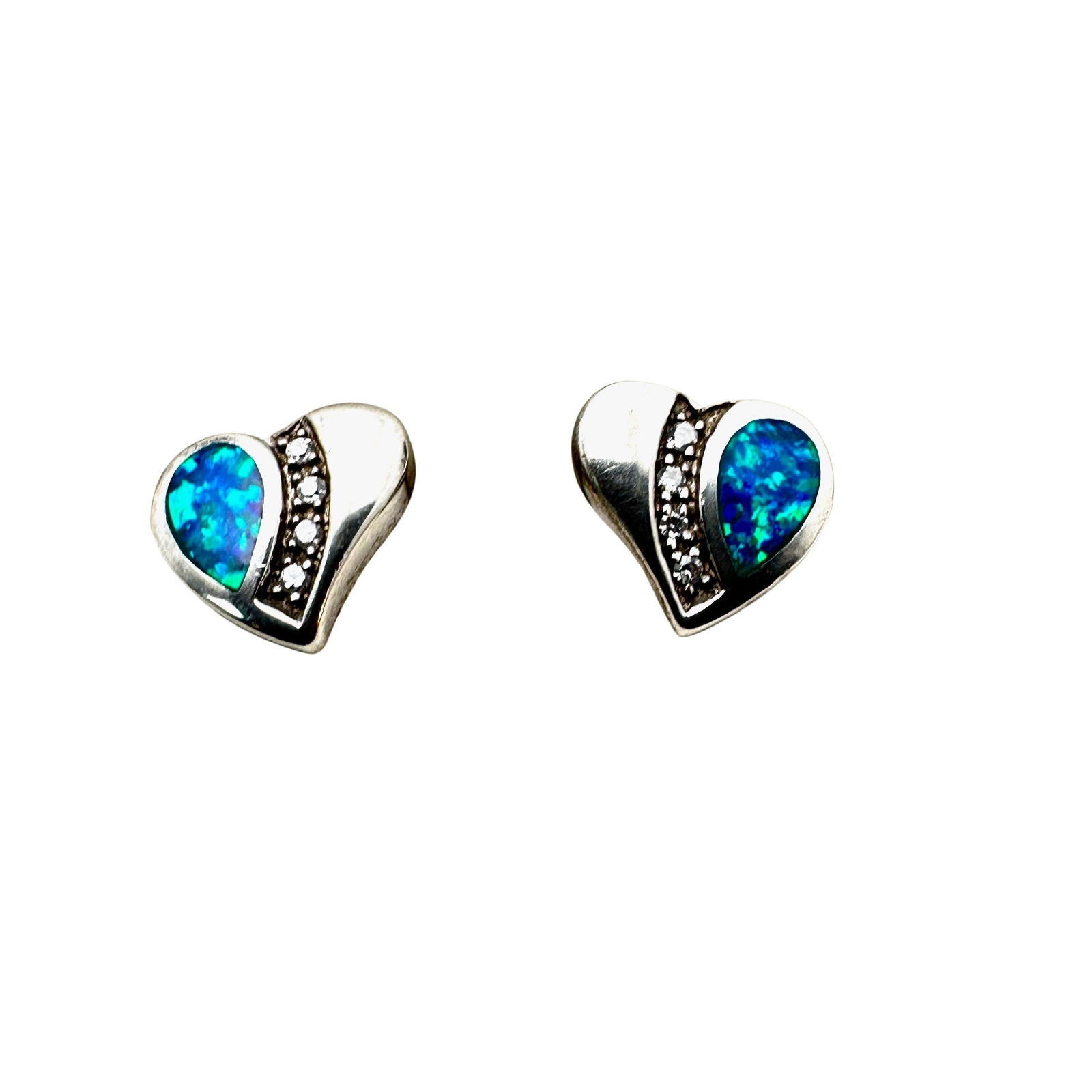 Opal Diamond Heart Sterling Silver Pierced Stud Earrings (1 of 2)