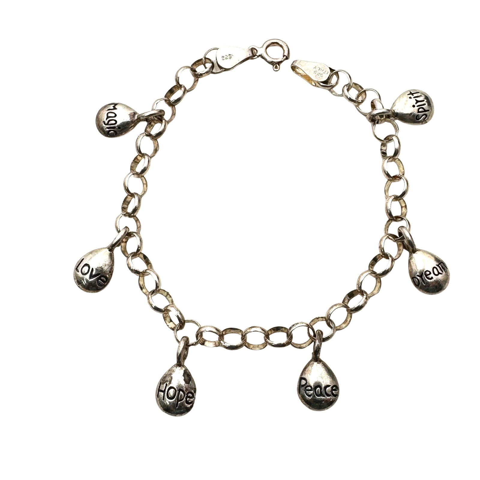 Italy Sterling Silver Charm Bracelet Hope Magic Love Dream Spirit Grace 7 Inch (1 of 2)