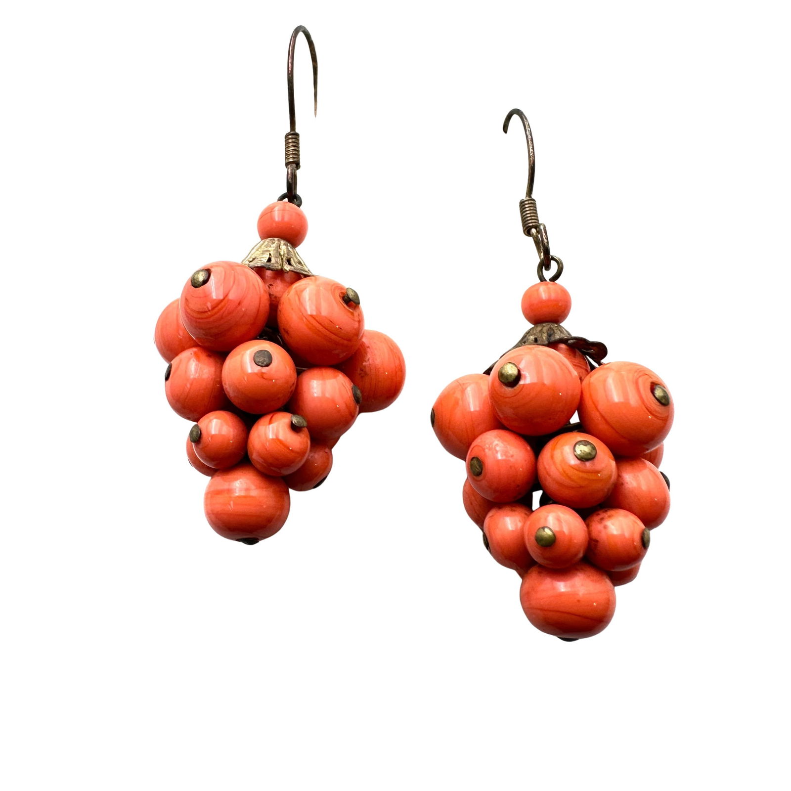Vintage Coral Art Glass Antiqued Gold Tone Pierced Chandelier Earrings 2 Inch: Vintage Coral Art Glass Antiqued Gold Tone Pierced Chandelier Earrings 2 Inch