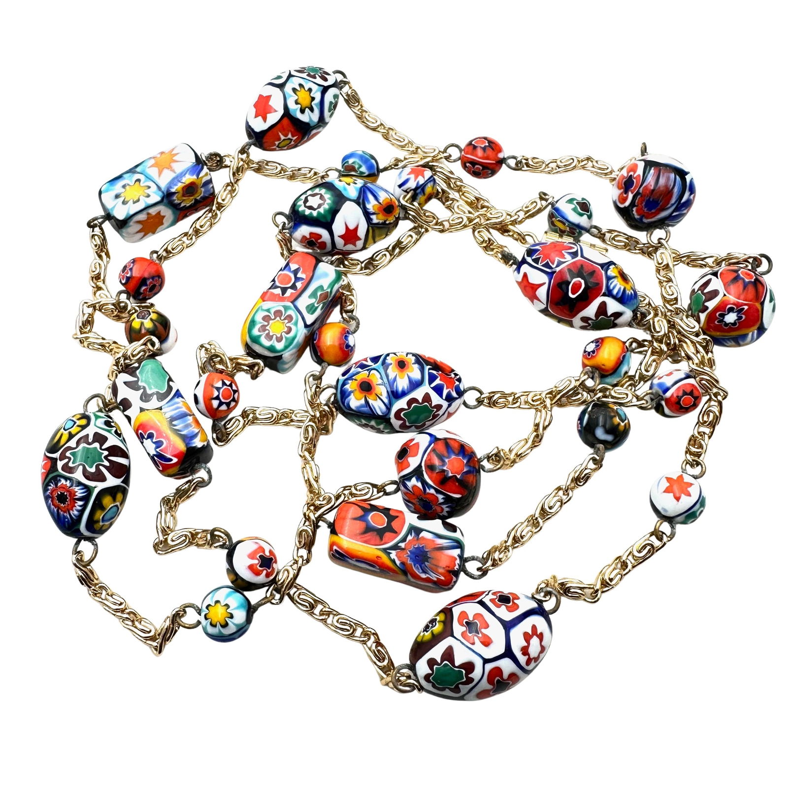 Vintage Italian Millefiore Glass Bead Gold Tone Necklace 46 Inch: Vintage Italian Millefiore Glass Bead Gold Tone Necklace 46 Inch
