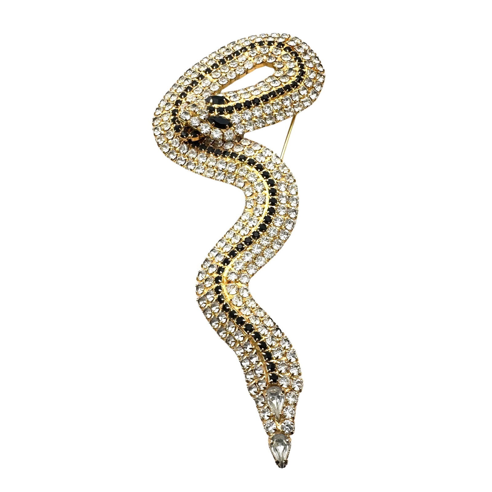 Vintge Huge Glass Rhinestone Snake Brooch Pin Gold Tone 5 Inch Length: Vintge Huge Glass Rhinestone Snake Brooch Pin Gold Tone 5 Inch Length