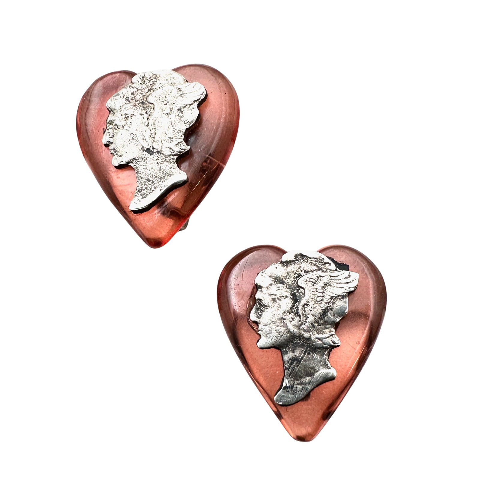 Antique Sterling Silver Portrait Earrings Screw Back Pink Hearts Early Plastic: Antique Sterling Silver Portrait Earrings Screw Back Pink Hearts Early Plastic