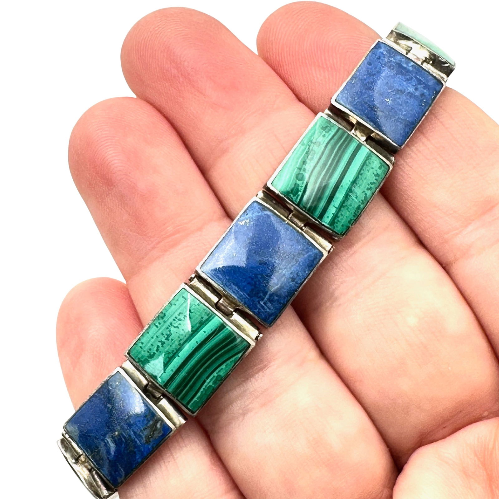 Vintage Lapis Lazuli Malachite Inlay Gemstone Sterling Silver Bracelet 7 Inch 25 Grams (1 of 2)
