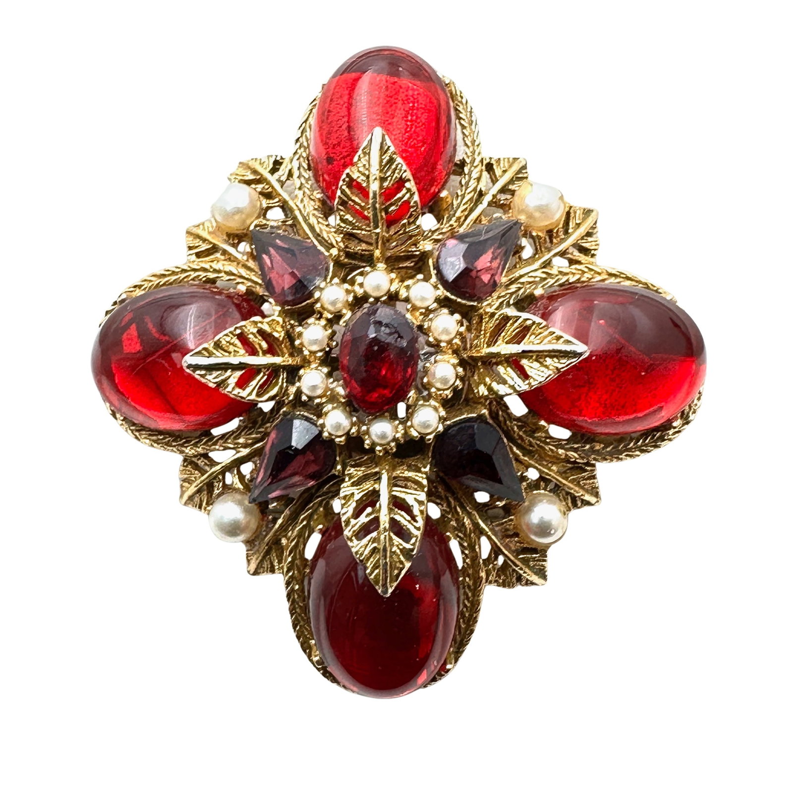 Vintage ART Arthur Pepper Red Glass Cabochon Gold Maltese Cross Brooch: Vintage ART Arthur Pepper Red Glass Cabochon Gold Maltese Cross Brooch