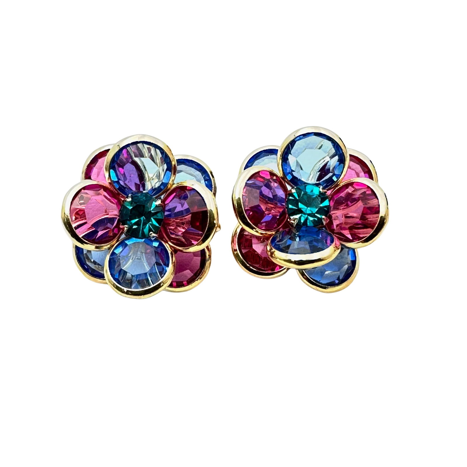 Vintage Multicolor Swarovski Crystal Clip Earrings Gold Tone: Vintage Multicolor Swarovski Crystal Clip Earrings Gold Tone