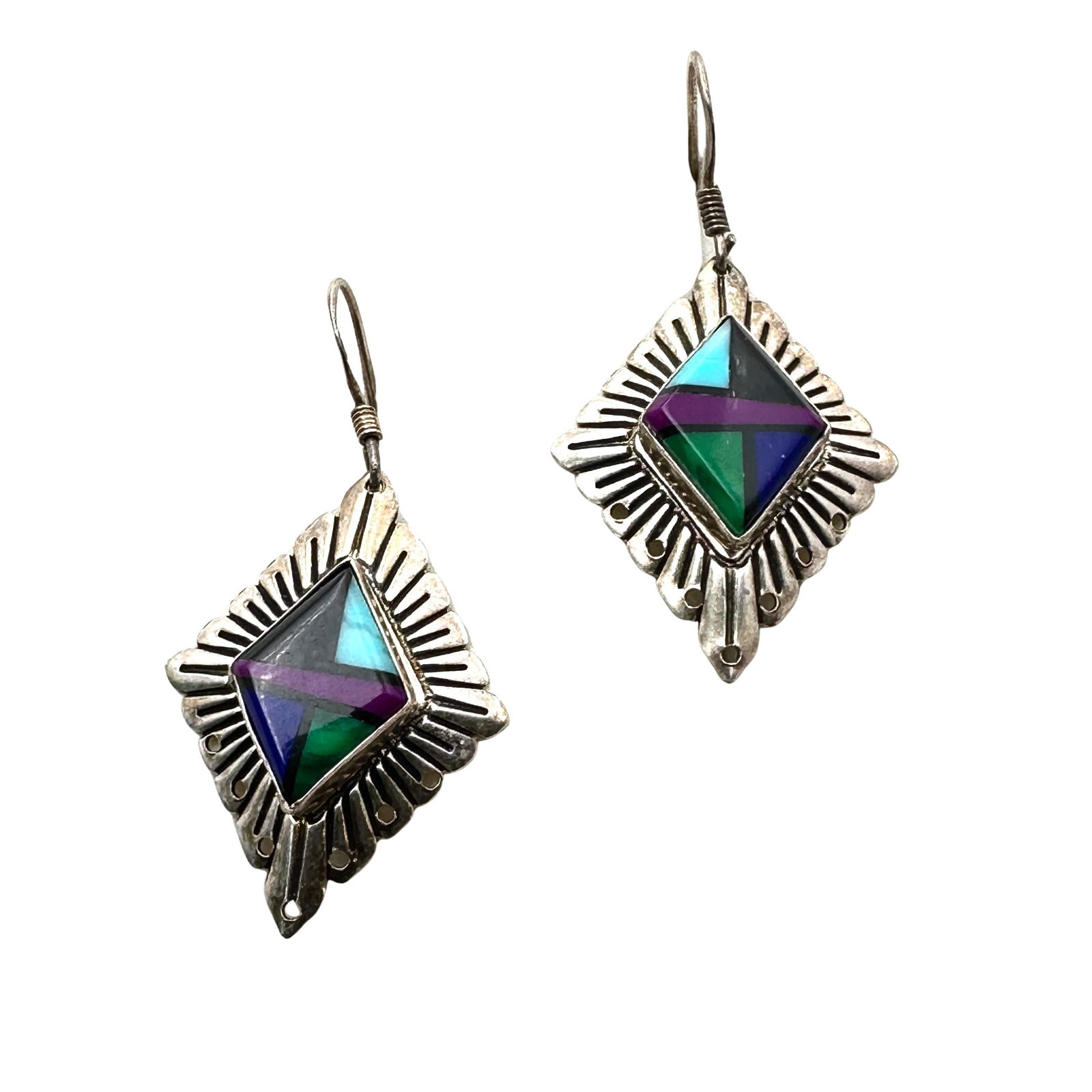 American Southwest Inlay Gemstone Sterling Silver Chandelier Pierced Earrings Q.T.: American Southwest Inlay Gemstone Sterling Silver Chandelier Pierced Earrings Q.T.