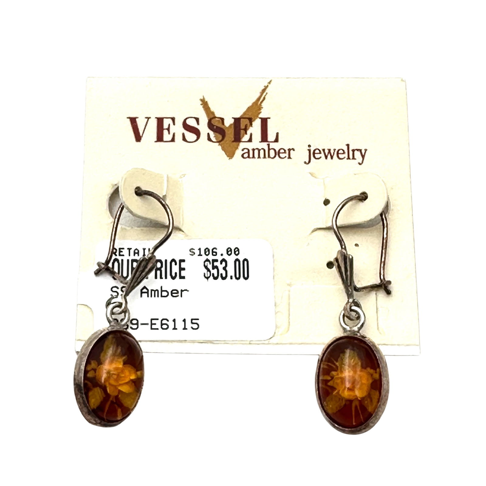 NOS Sterling Silver Natural Amber Sterling Silver Earrings Pierced On Original Card: NOS Sterling Silver Natural Amber Sterling Silver Earrings Pierced On Original Card