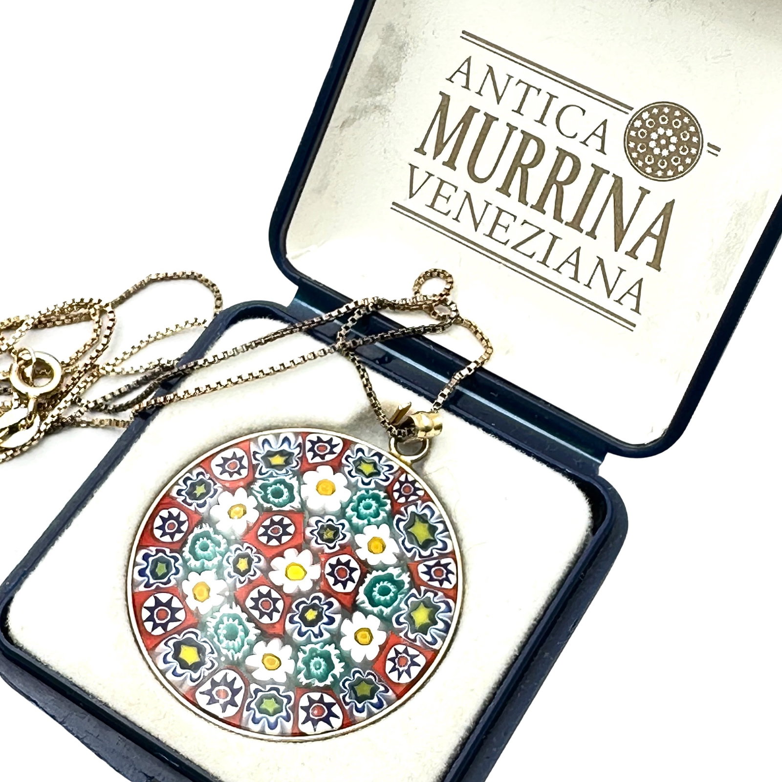 Vintage Italian Murano Glass Pendant Necklace 28 Inch Gold Over Sterling Silver Chain Original Box: Vintage Italian Murano Glass Pendant Necklace 28 Inch Gold Over Sterling Silver Chain Original Box