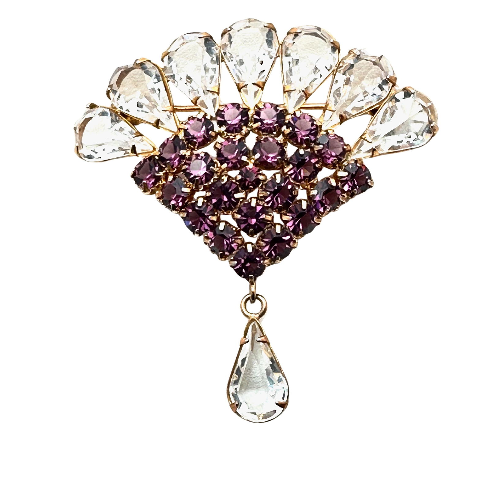 Vintage Purple Clear Czech Glass Rhinestone Gold Tone Brooch 2 Inch Pin (1 of 2)