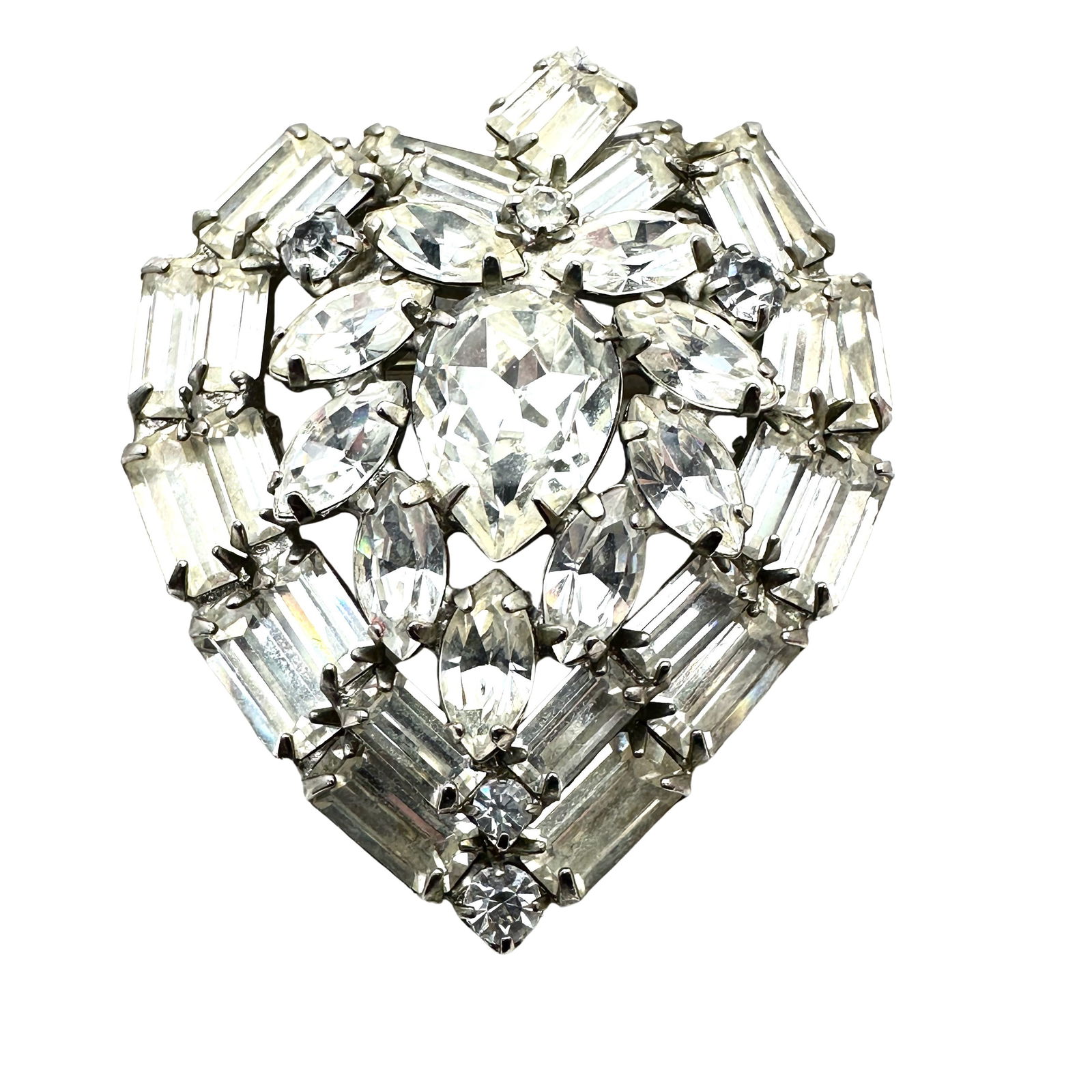 Vintage Weiss Clear Rhinestone Silver Tone Heart Shaped Brooch Pin 2.25 Inch (1 of 2)