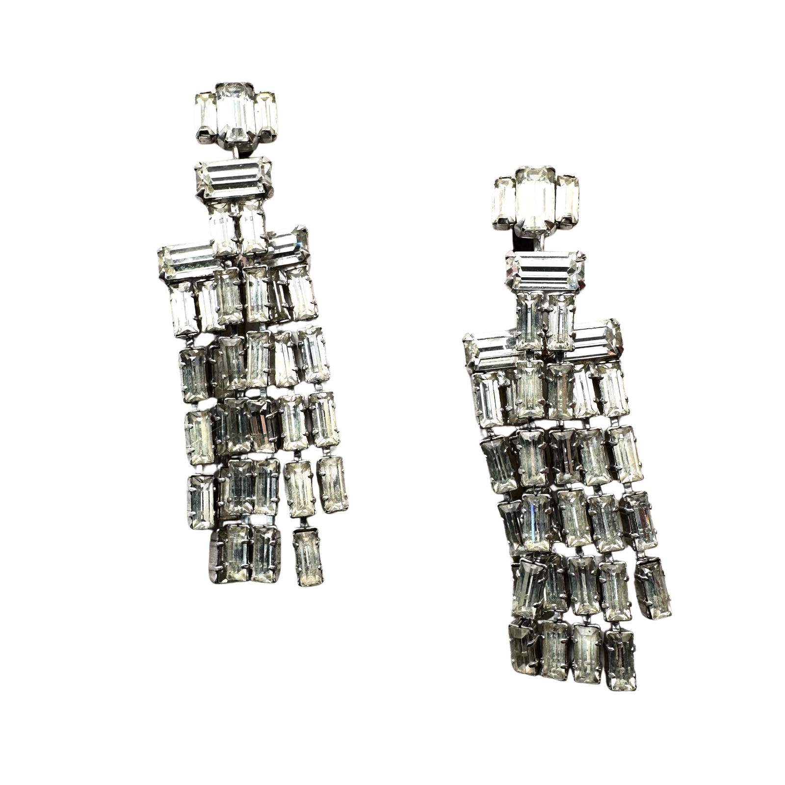 Vintage High End Clear Rhinestone Silver Tone Chandelier Earrings 2.5 Inch Clip: Vintage High End Clear Rhinestone Silver Tone Chandelier Earrings 2.5 Inch Clip