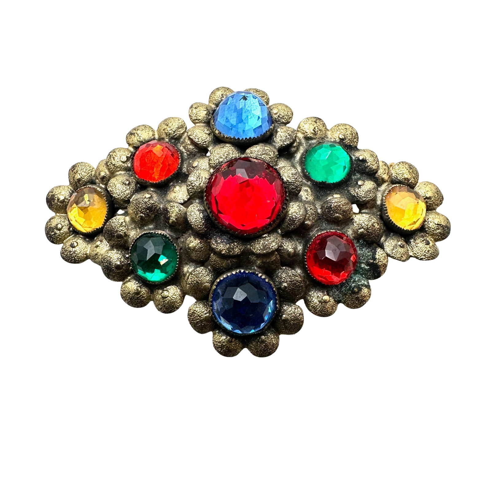 Vintage Multicolor Domed Czech Glass Gold Tone Brooch 2.75 Inch Pin: Vintage Multicolor Domed Czech Glass Gold Tone Brooch 2.75 Inch Pin