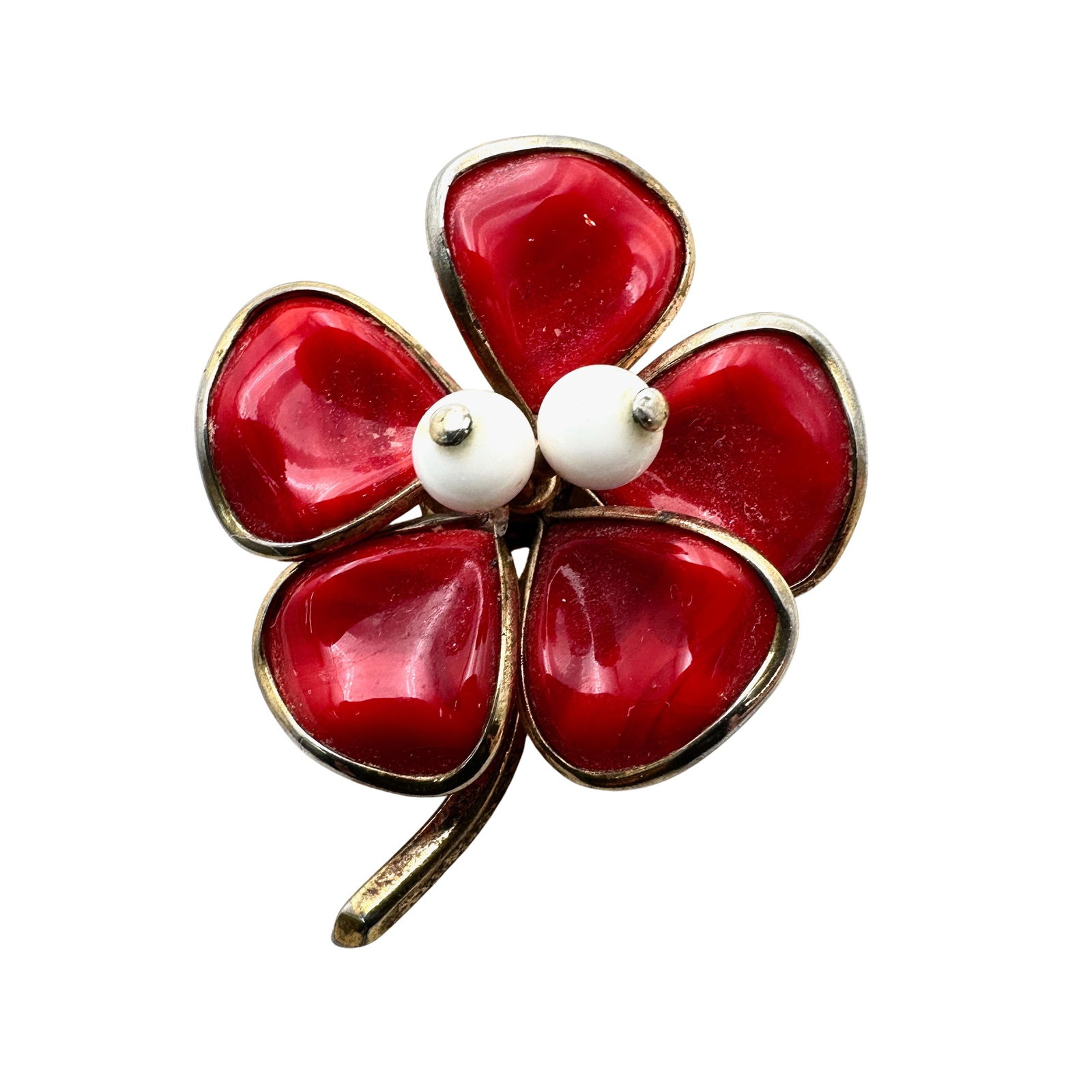 Vintage Trifari Molded Red White Glass Flower Gold Tone Brooch Pin 1.75 Inch (1 of 2)