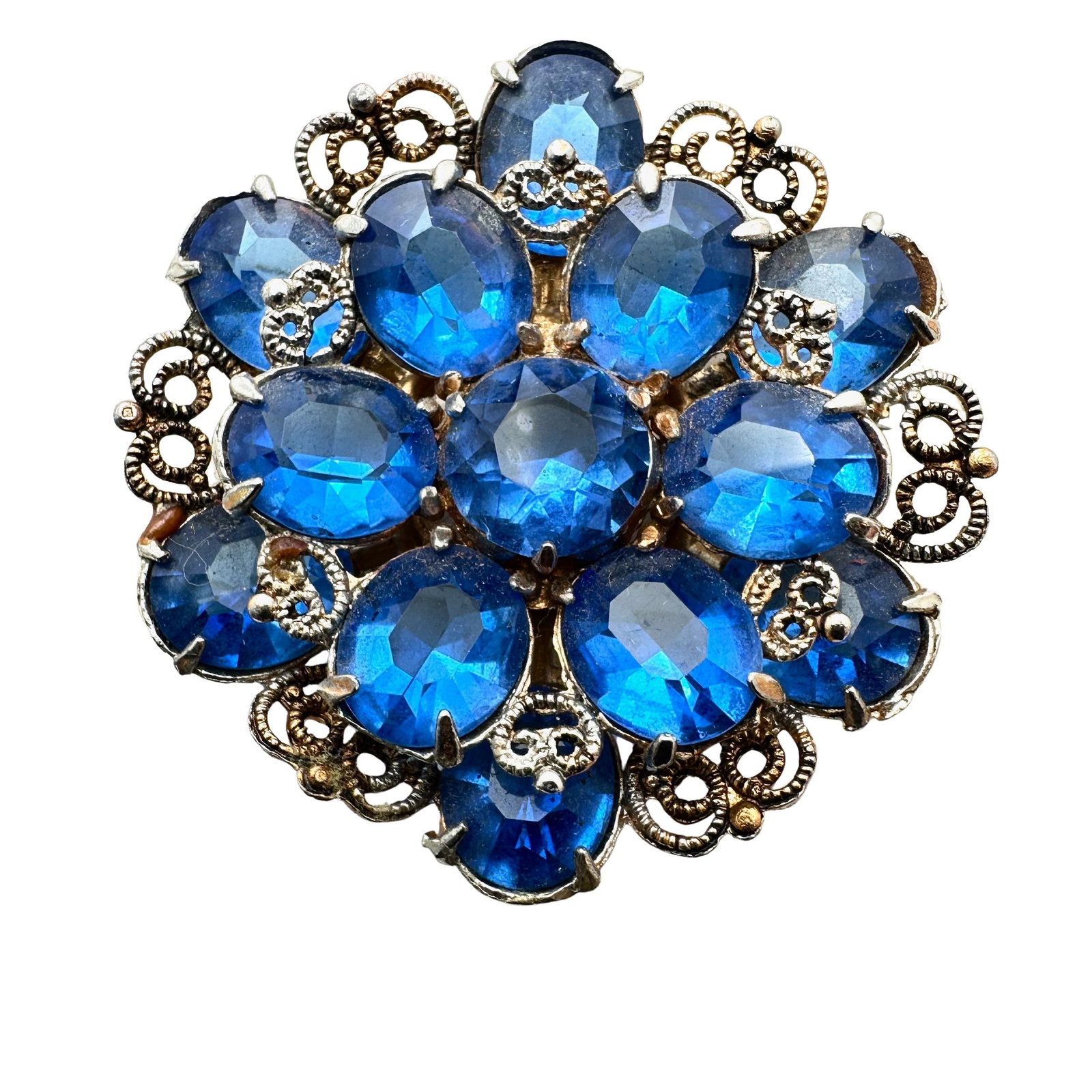 Vintage Blue Glass Rhinestone Gold Pot Metal Brooch Pin 2.25 Inch: Vintage Blue Glass Rhinestone Gold Pot Metal Brooch Pin 2.25 Inch