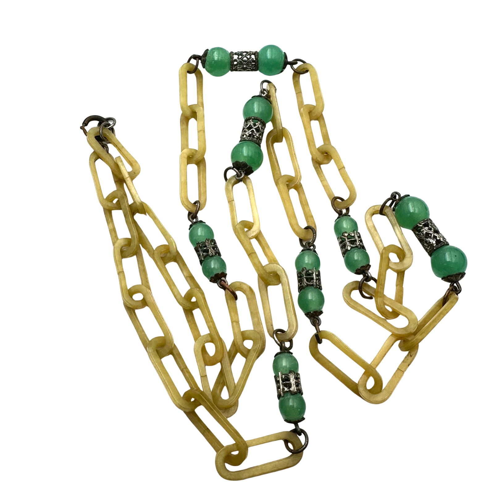 Vintage Early Plastic links Green Czech Glass Bead Necklace 28 Inch: Vintage Early Plastic links Green Czech Glass Bead Necklace 28 Inch