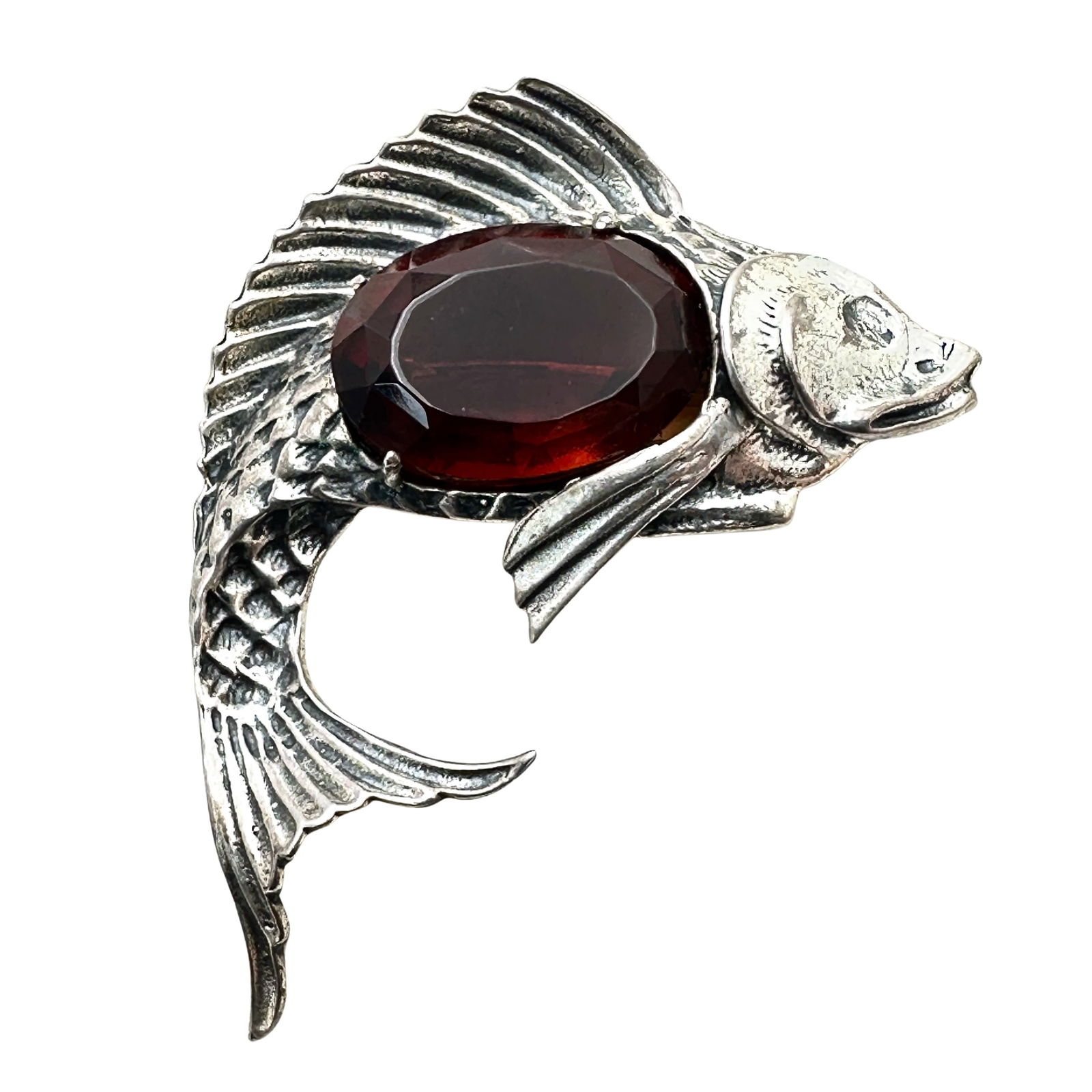 Vintage Brookraft Sterling Silver Amber Rhinestone Fish Brooch Pin 2.75 Inch 23 Grams (1 of 2)