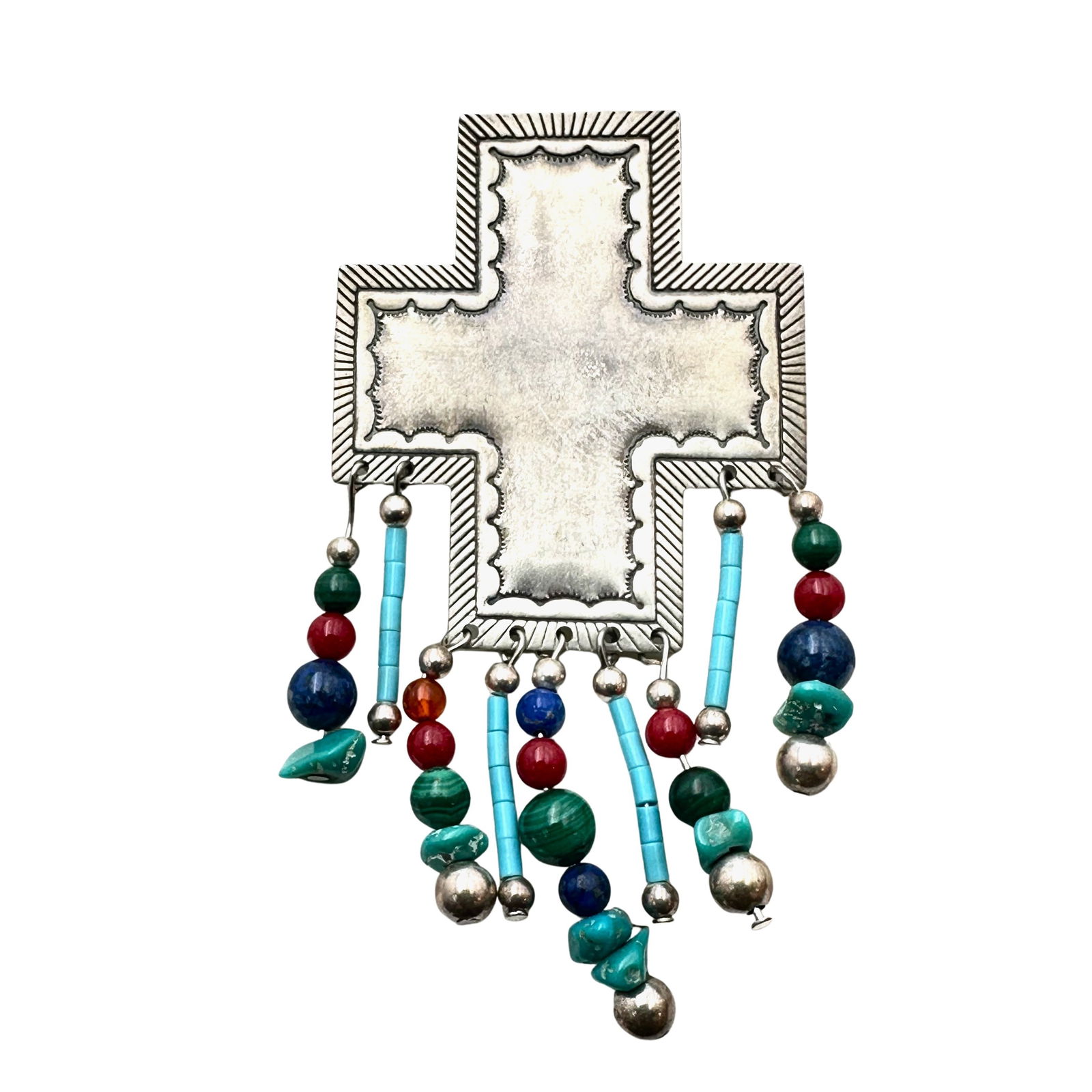 Native American Shube Sterling Silver Turquoise Multi Gemstone Cross Pin Brooch 3 Inch 14 Grams (1 of 2)