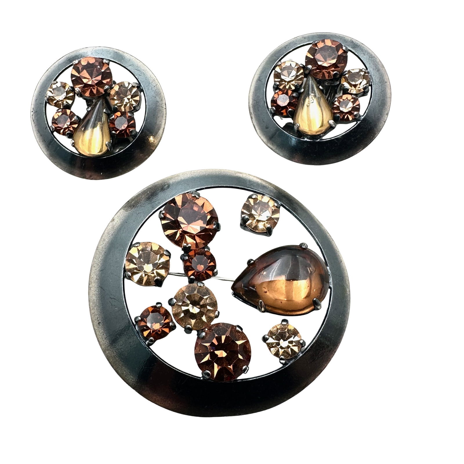 Vintage West Germany Amber Glass Rhinestone Brooch Pin Clip Earrings Set (1 of 2)