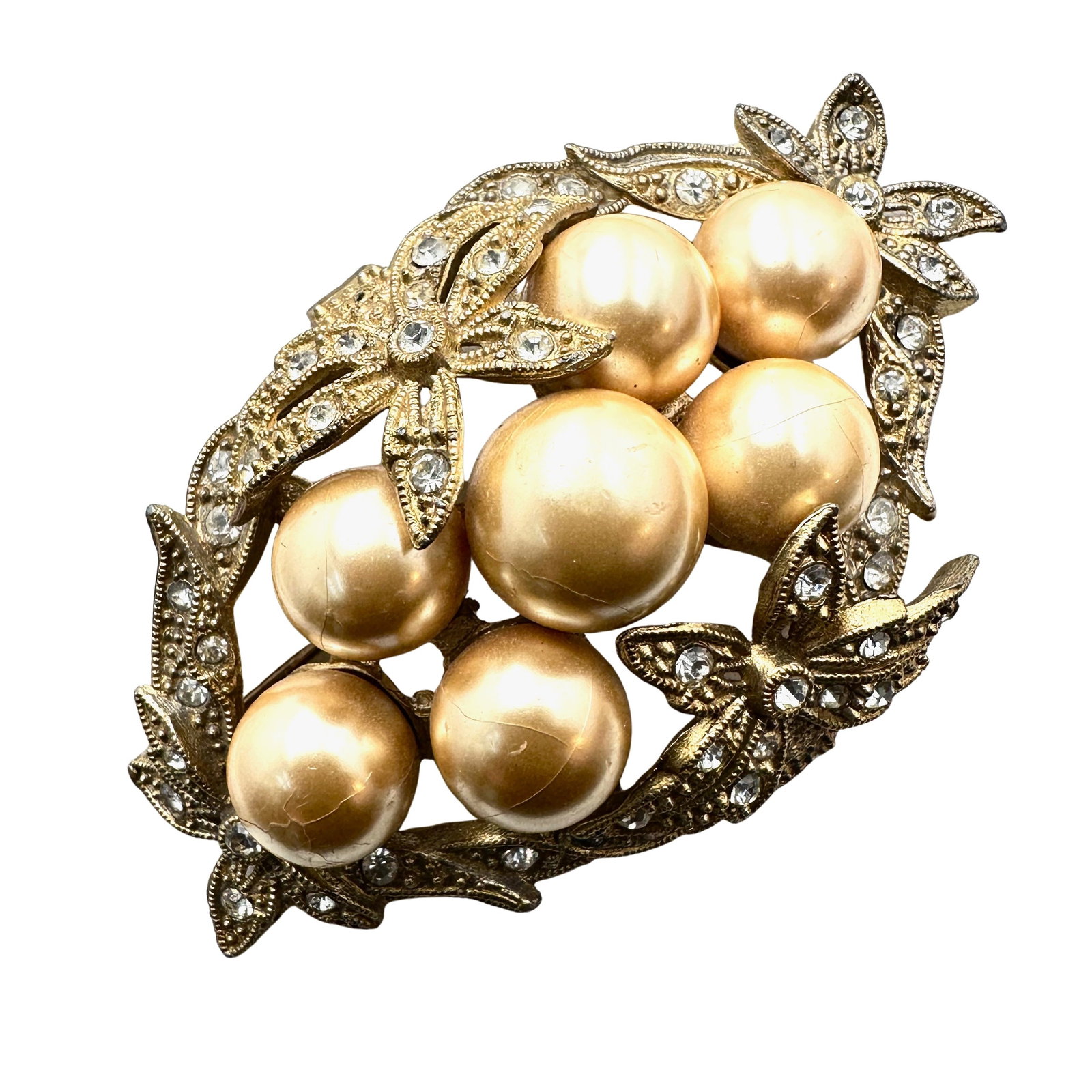 Vintage Gold Over Pot Metal Rhinestone Faux Pearl Brooch Pin 3 Inch: Vintage Gold Over Pot Metal Rhinestone Faux Pearl Brooch Pin 3 Inch