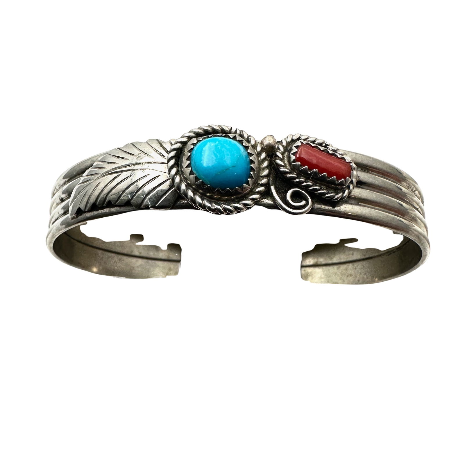 American Southwest Turquoise Red Coral Sterling Silver Cuff Bracelet 18 Grams Adjustable Size (1 of 2)