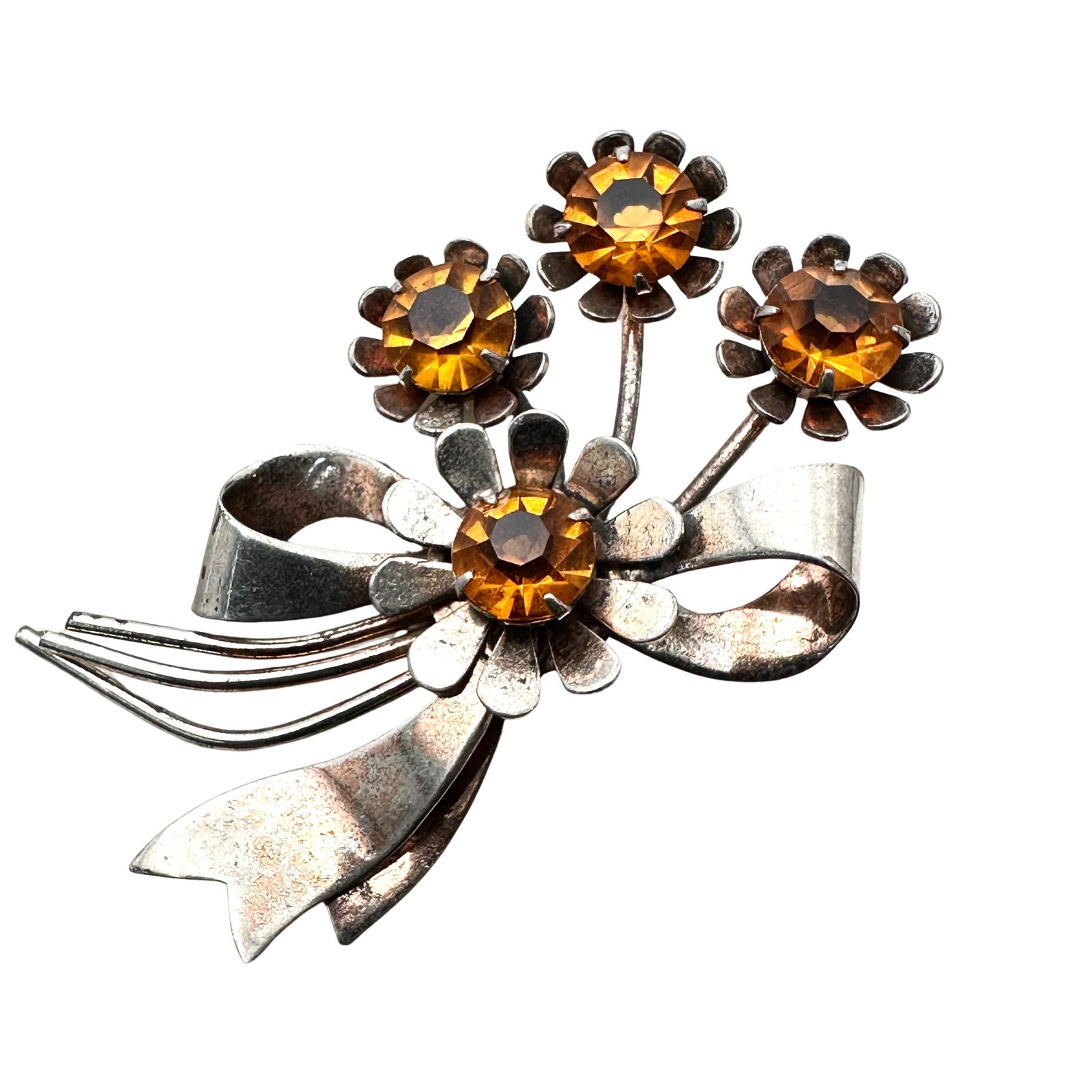 Vintage Sterling Silver Amber Colored Rhinestone Flower Brooch Pin 2.5 Inch 13 Grams (1 of 2)