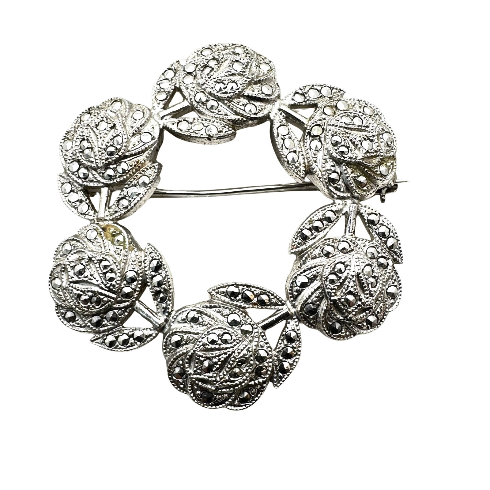 Vintage Sterling Silver Marcasite Circle of Roses Brooch Pin 2 Inch 15 Grams: Vintage Sterling Silver Marcasite Circle of Roses Brooch Pin 2 Inch 15 Grams