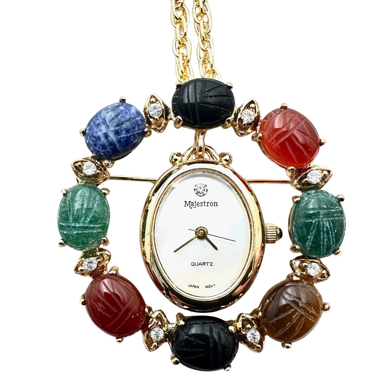 Vintage Majestron Real Gemstone Scarab Pendant Watch Necklace Gold Tone 28 Inch Chain: Vintage Majestron Real Gemstone Scarab Pendant Watch Necklace Gold Tone 28 Inch Chain