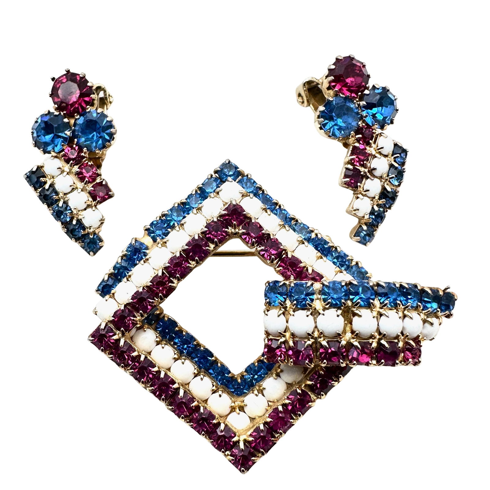 Vintage Pink Blue White Glass Rhinestone Gold Tone Brooch Pin Clip Earrings Set (1 of 2)