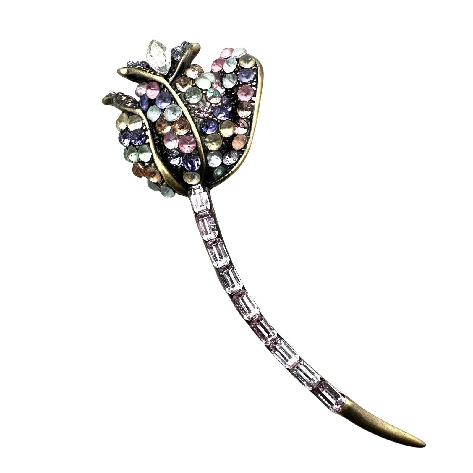 Vintage Pastel Rhinestone Antiqued Gold Tone Flower Brooch Pin 3 Inch: Vintage Pastel Rhinestone Antiqued Gold Tone Flower Brooch Pin 3 Inch