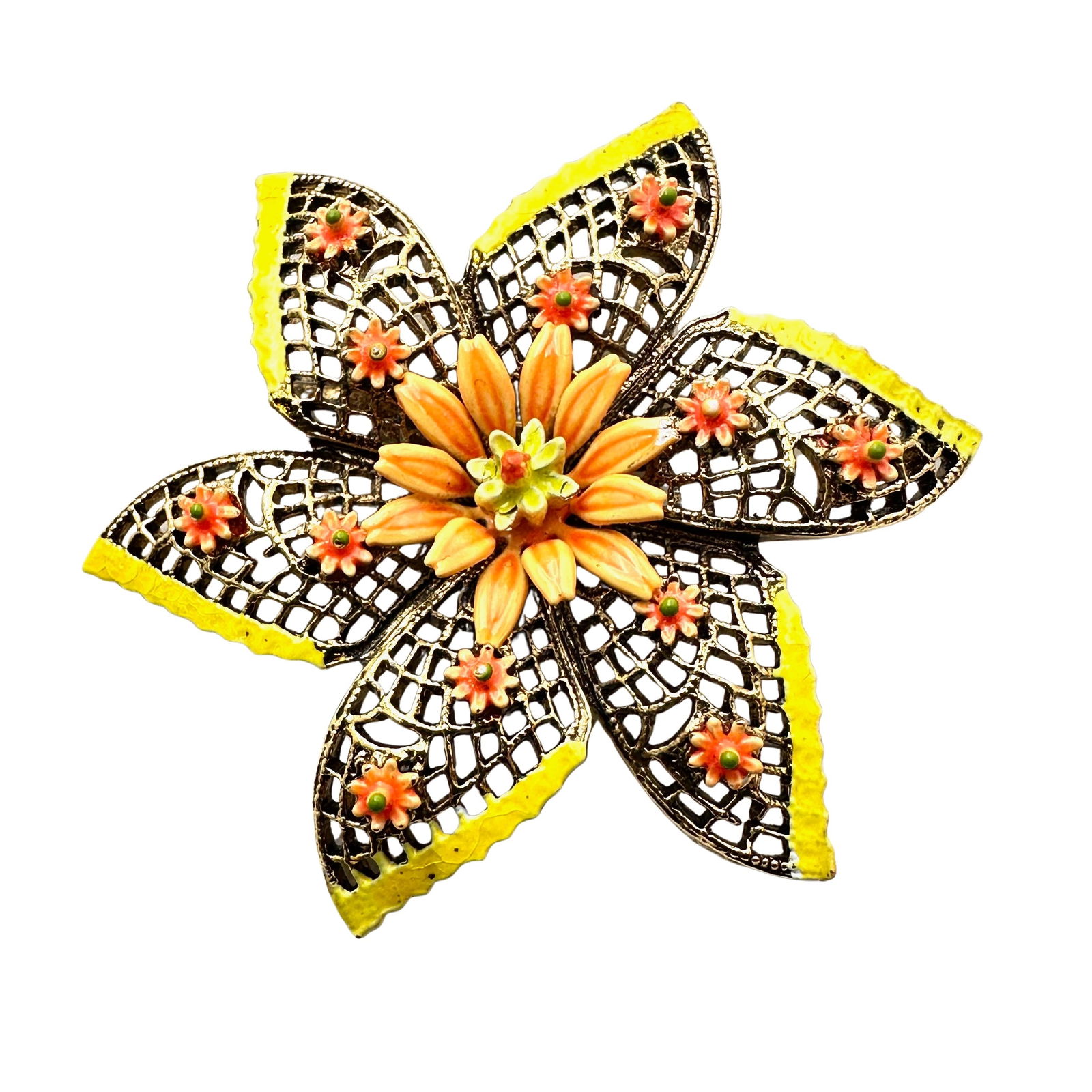 Vintage Art Arthur Pepper Yellow Orange Enamel Flower Brooch Pin Gold Tone 2.5 Inch (1 of 2)