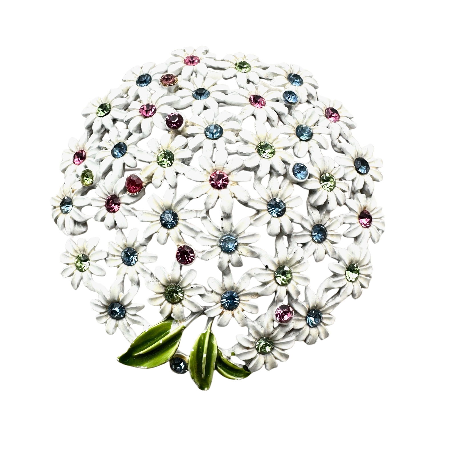 Vintage Pastel Rhinestone White Enamel Flower Gold Tone Enamel Brooch Pin 2 Inch (1 of 2)