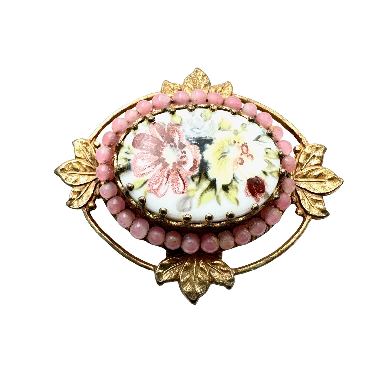 Vintage Miriam Haskell Flower Design Pink Glass Bead Gold Tone Brooch Pin 2 Inch (1 of 2)