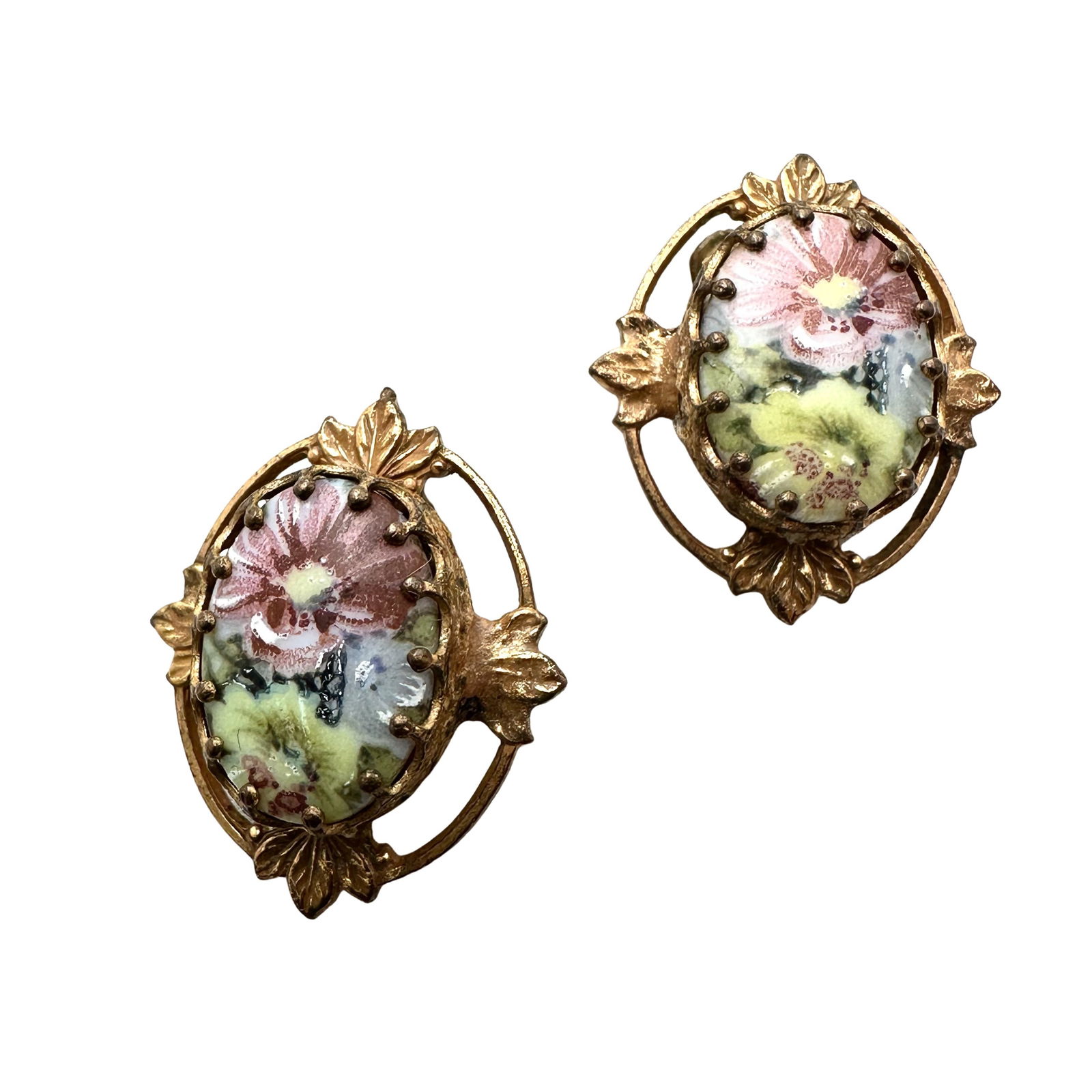 Vintage Miriam Haskell Flower Design Pink Glass Bead Gold Tone Clip Earrings (1 of 2)