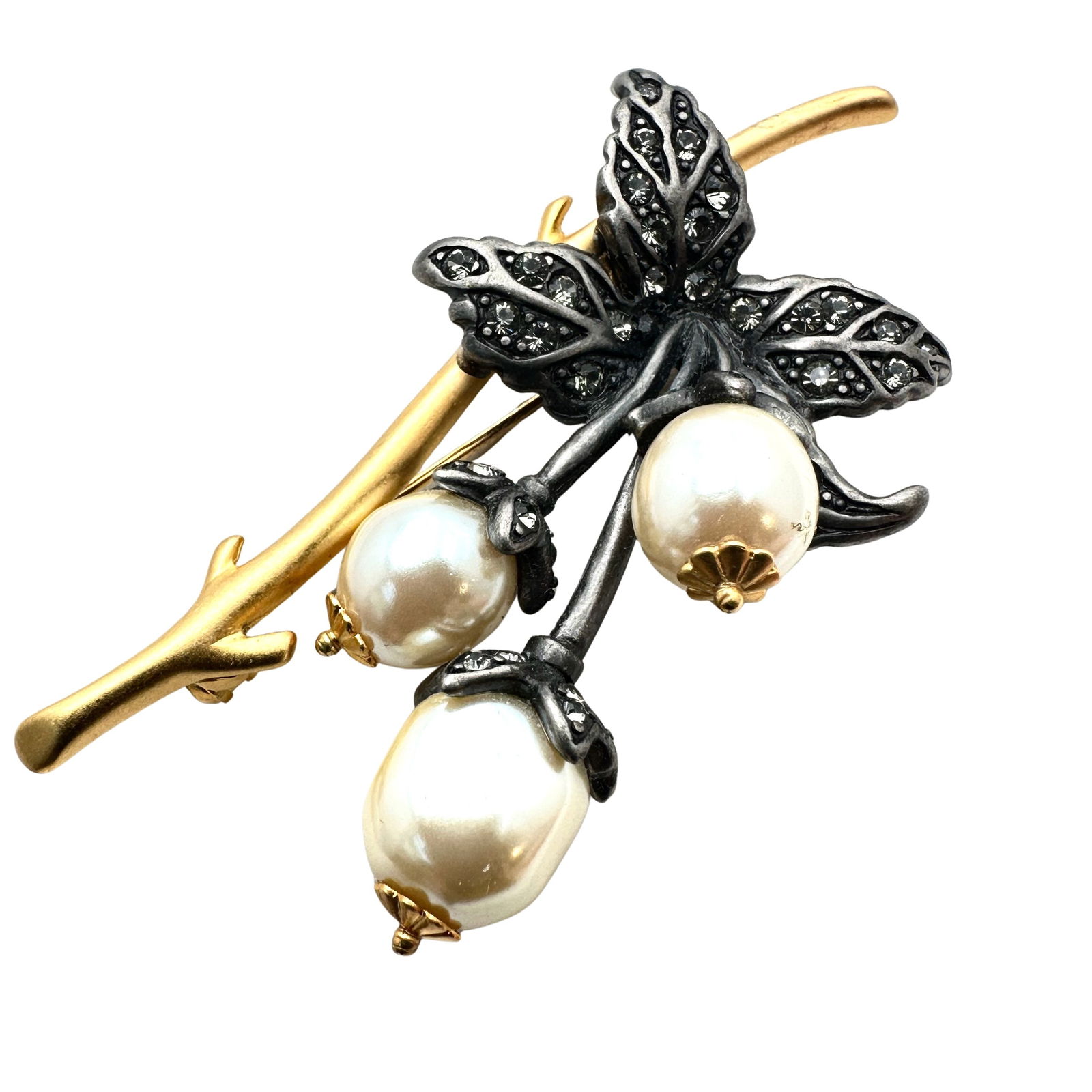 Vintage Joan Rivers Silver Gold Tone Pearl Cherries Brooch Pin 2.5 Inch (1 of 2)