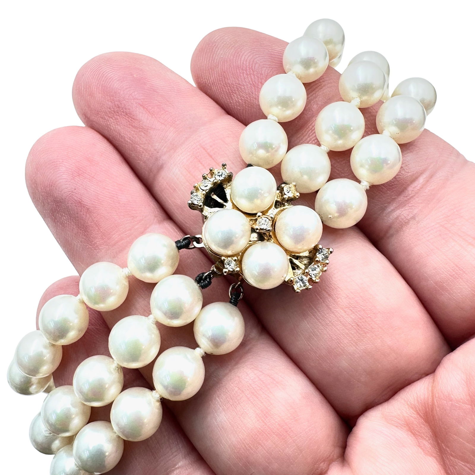 Vintage Gold Over Sterling Silver Glass Faux Pearl Clear Rhinestone Bracelet 7 Inch (1 of 2)